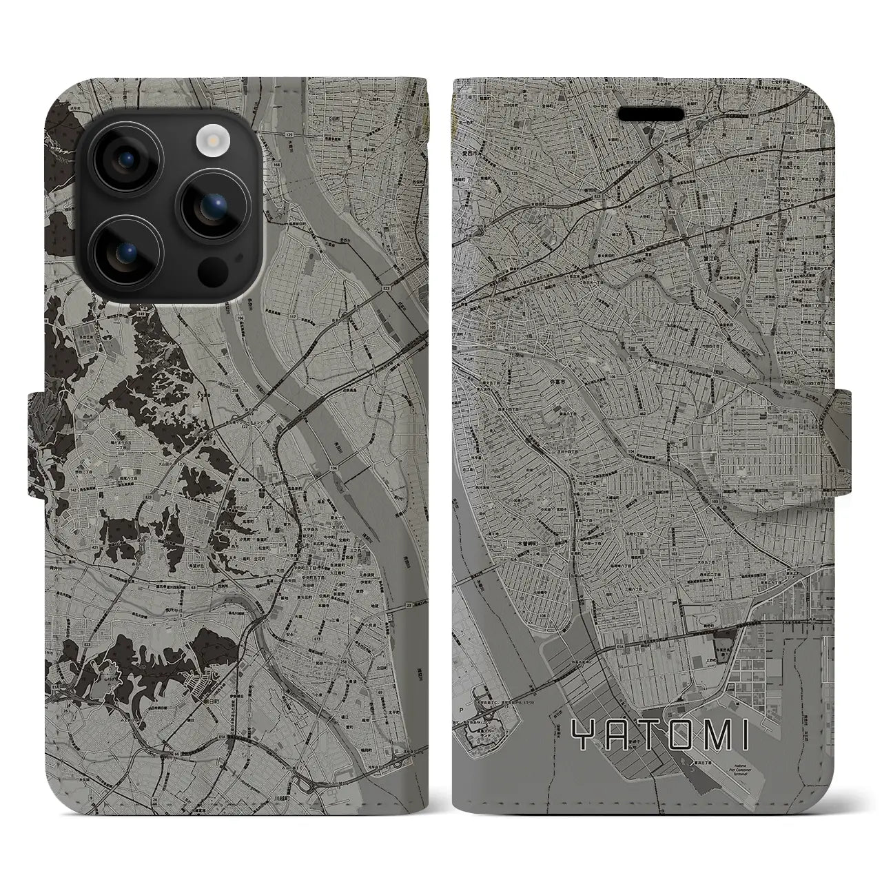 【弥富(愛知県)】地図柄iPhoneケース(手帳タイプ)モノトーン・iPhone 16 用