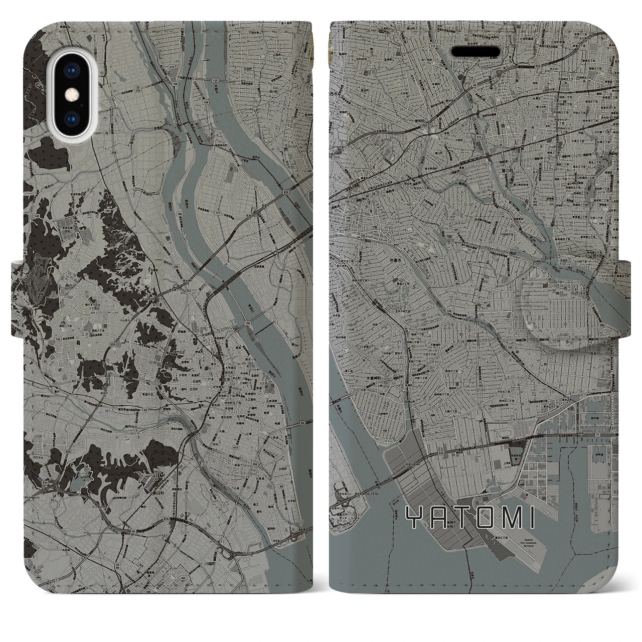 【弥富(愛知県)】地図柄iPhoneケース(手帳タイプ)モノトーン・iPhone XS Max 用