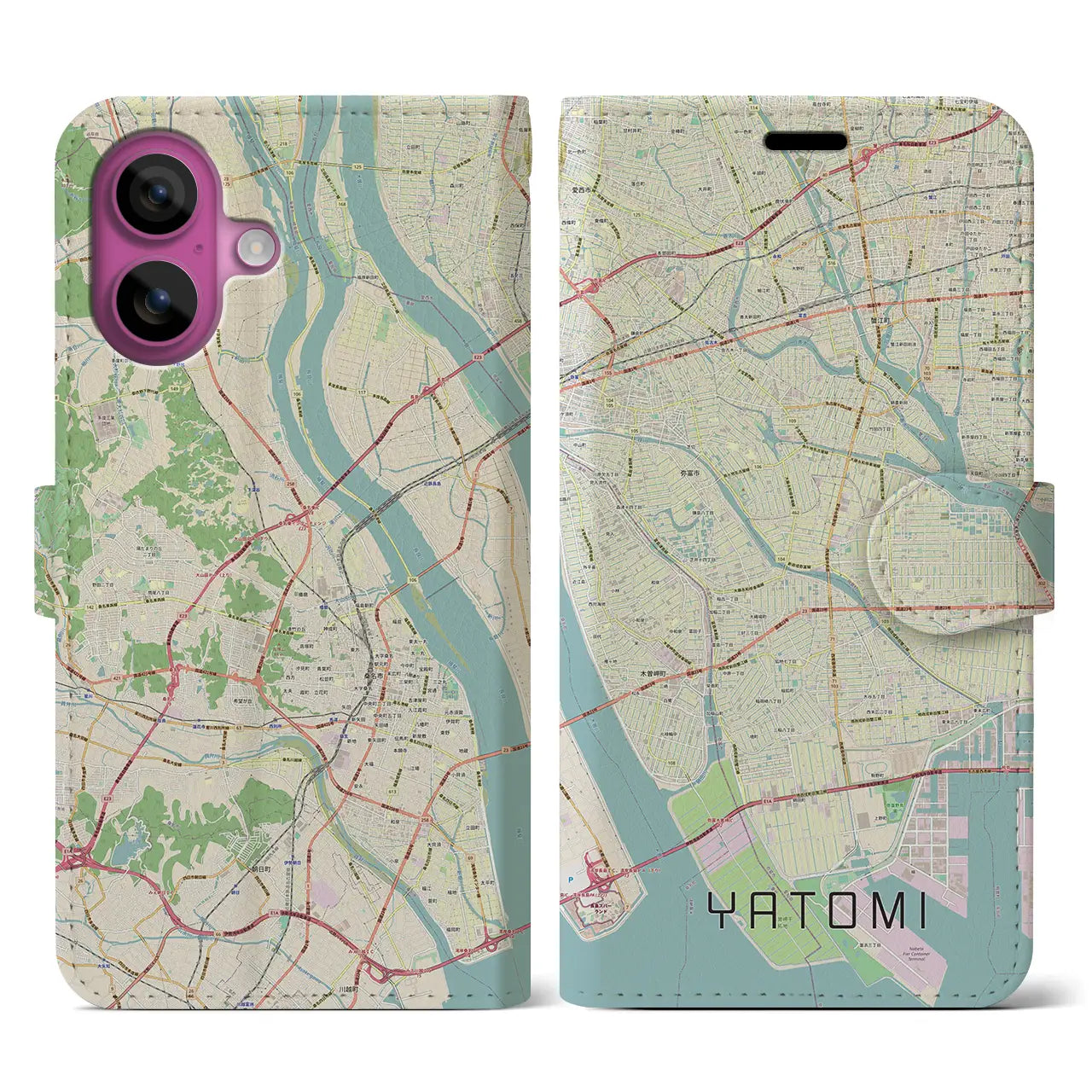 【弥富(愛知県)】地図柄iPhoneケース(手帳タイプ)ナチュラル・iPhone 16 Pro 用