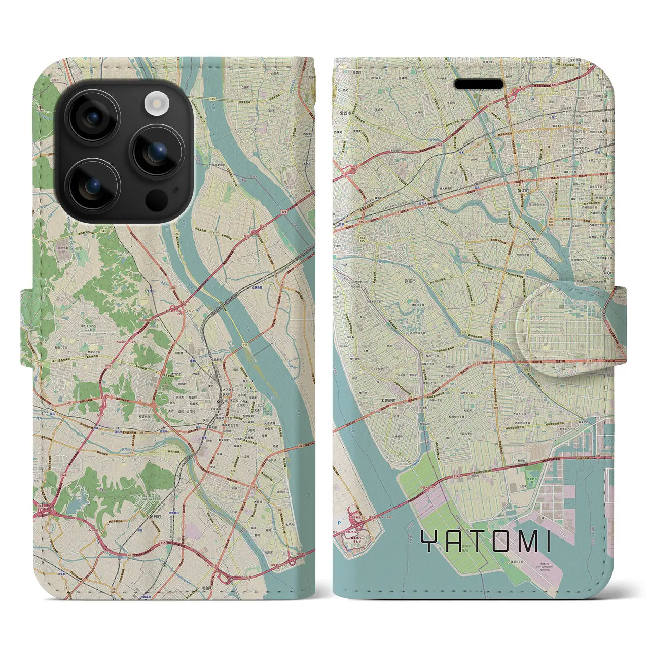 【弥富(愛知県)】地図柄iPhoneケース(手帳タイプ)ナチュラル・iPhone 16 用