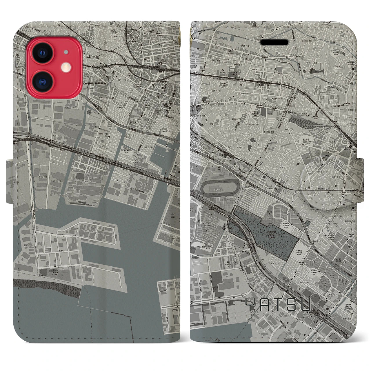 【谷津(千葉県)】地図柄iPhoneケース(手帳タイプ)モノトーン・iPhone 11 用