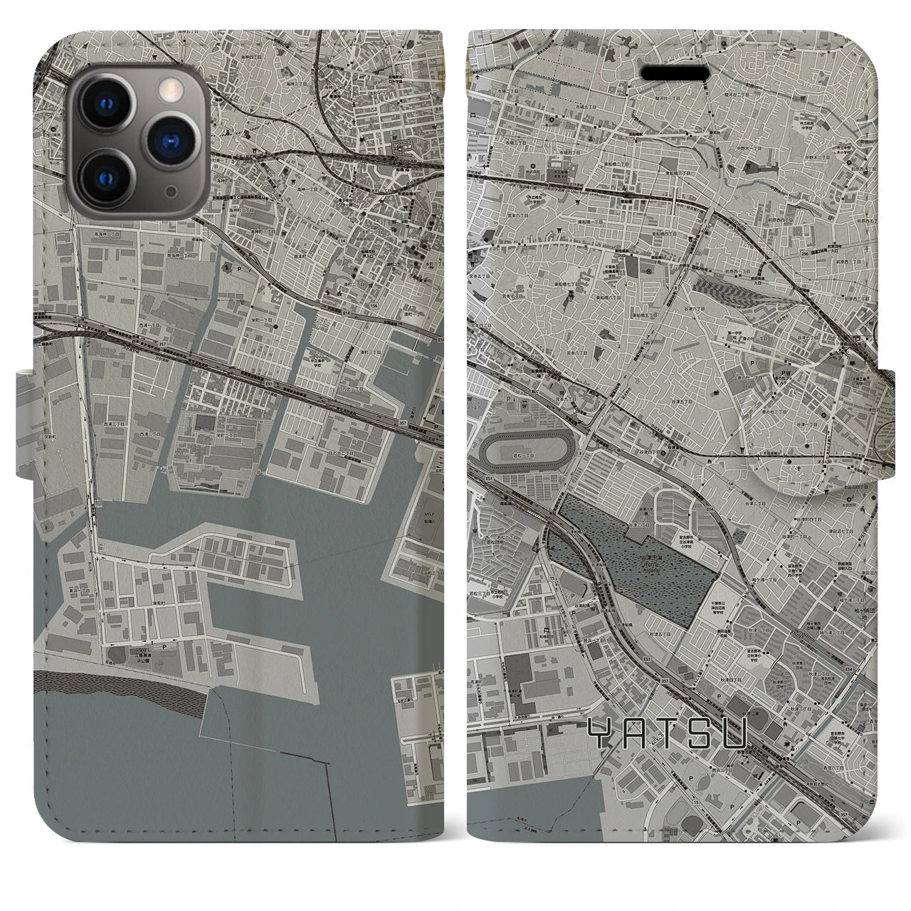 【谷津(千葉県)】地図柄iPhoneケース(手帳タイプ)モノトーン・iPhone 11 Pro Max 用