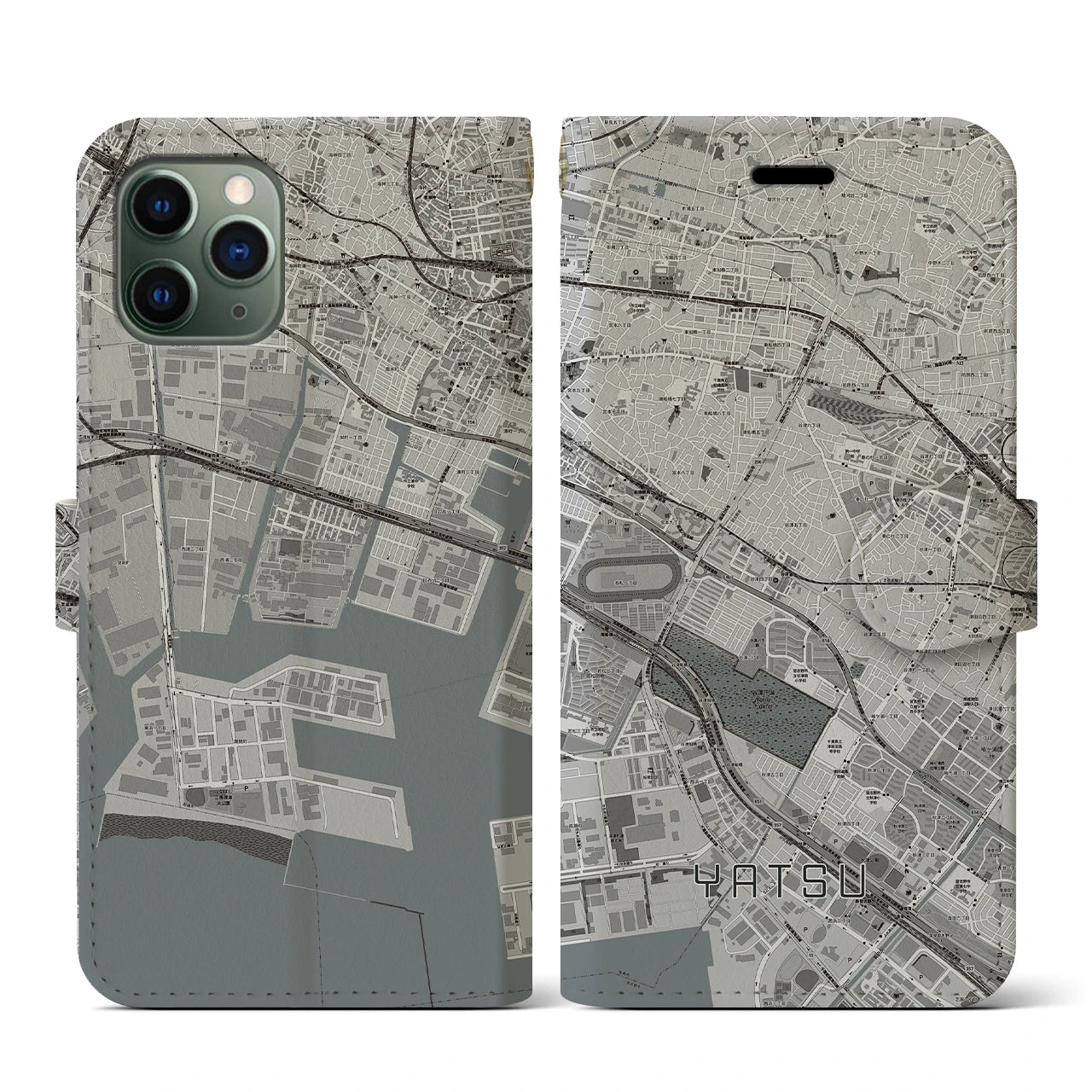 【谷津(千葉県)】地図柄iPhoneケース(手帳タイプ)モノトーン・iPhone 11 Pro 用
