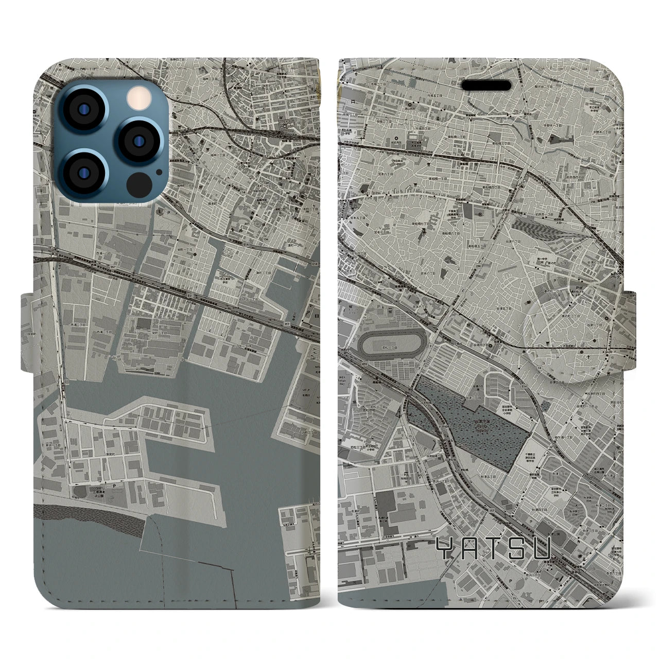 【谷津(千葉県)】地図柄iPhoneケース(手帳タイプ)モノトーン・iPhone 12 / 12 Pro 用