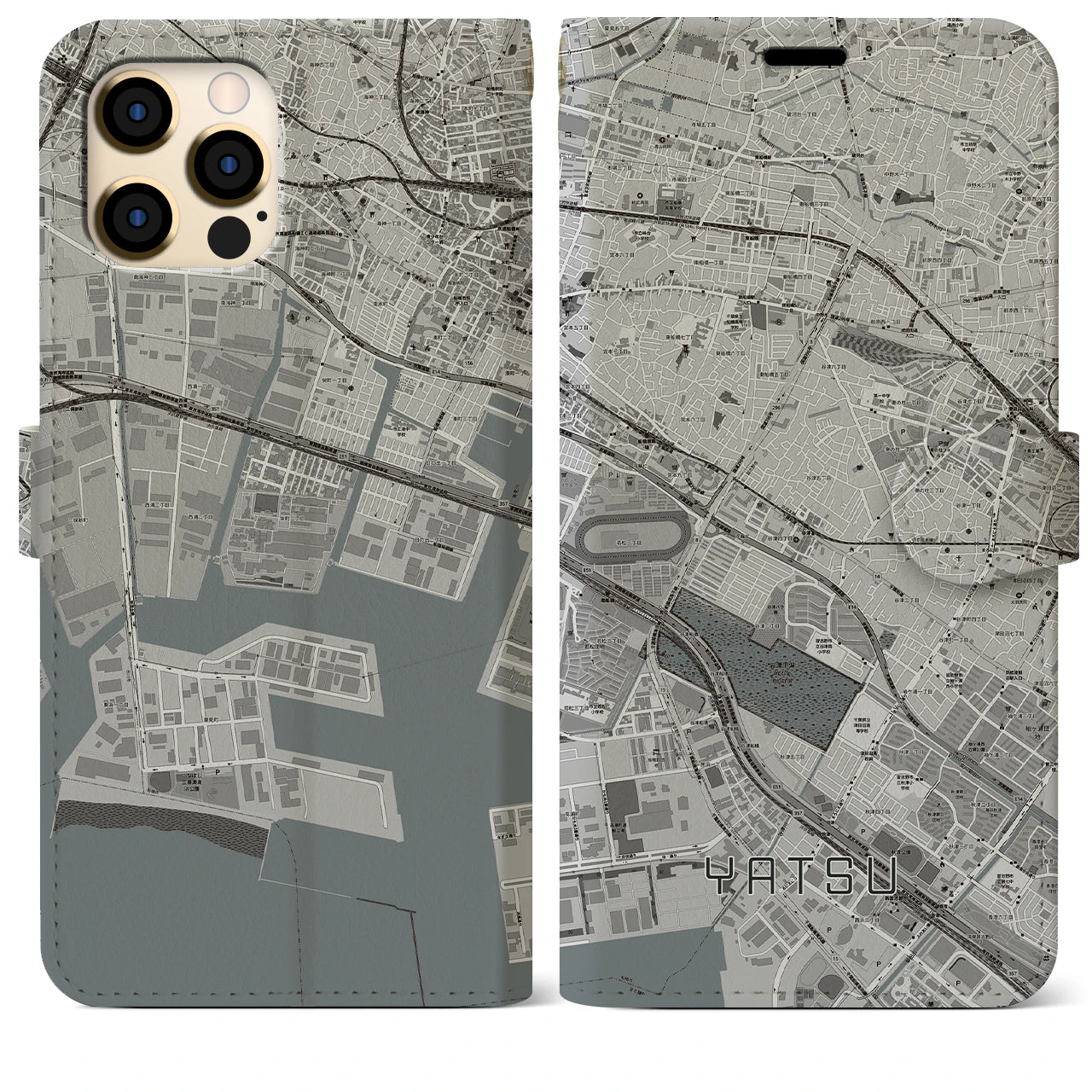 【谷津(千葉県)】地図柄iPhoneケース(手帳タイプ)モノトーン・iPhone 12 Pro Max 用