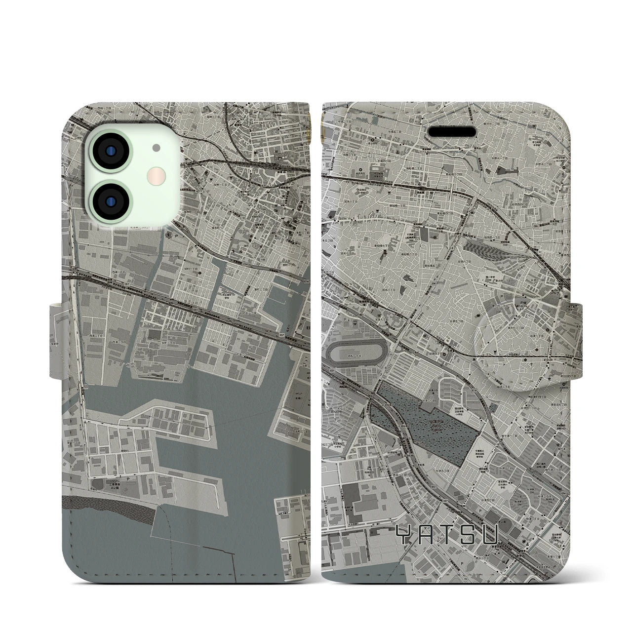 【谷津(千葉県)】地図柄iPhoneケース(手帳タイプ)モノトーン・iPhone 12 mini 用