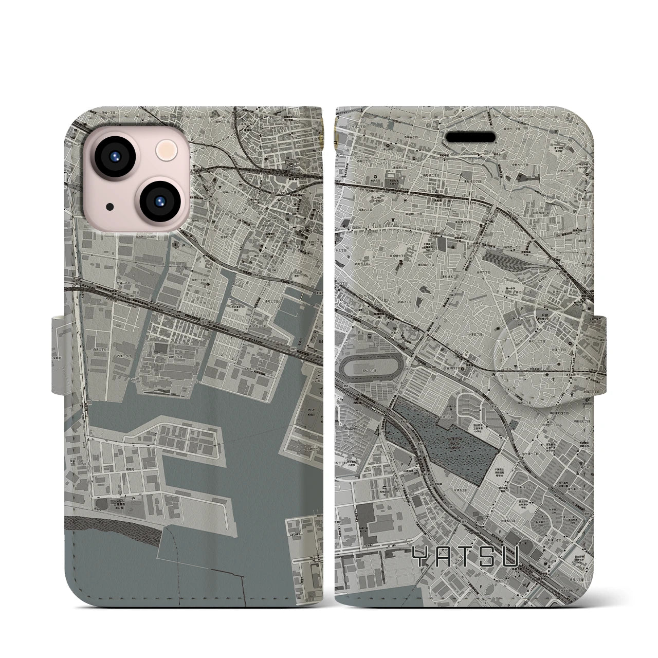 【谷津(千葉県)】地図柄iPhoneケース(手帳タイプ)モノトーン・iPhone 13 mini 用