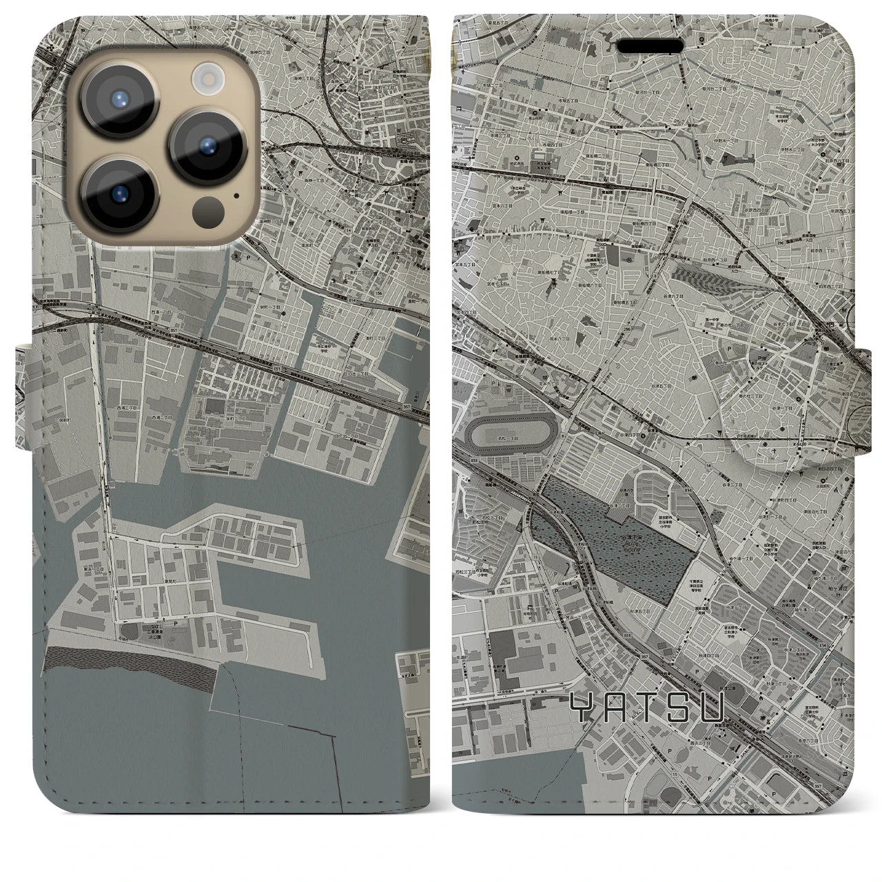 【谷津(千葉県)】地図柄iPhoneケース(手帳タイプ)モノトーン・iPhone 14 Pro Max 用