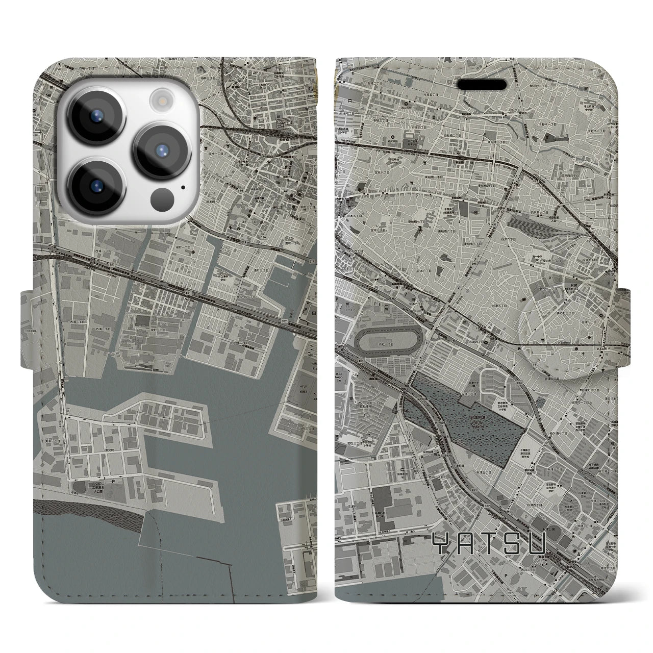 【谷津(千葉県)】地図柄iPhoneケース(手帳タイプ)モノトーン・iPhone 14 Pro 用