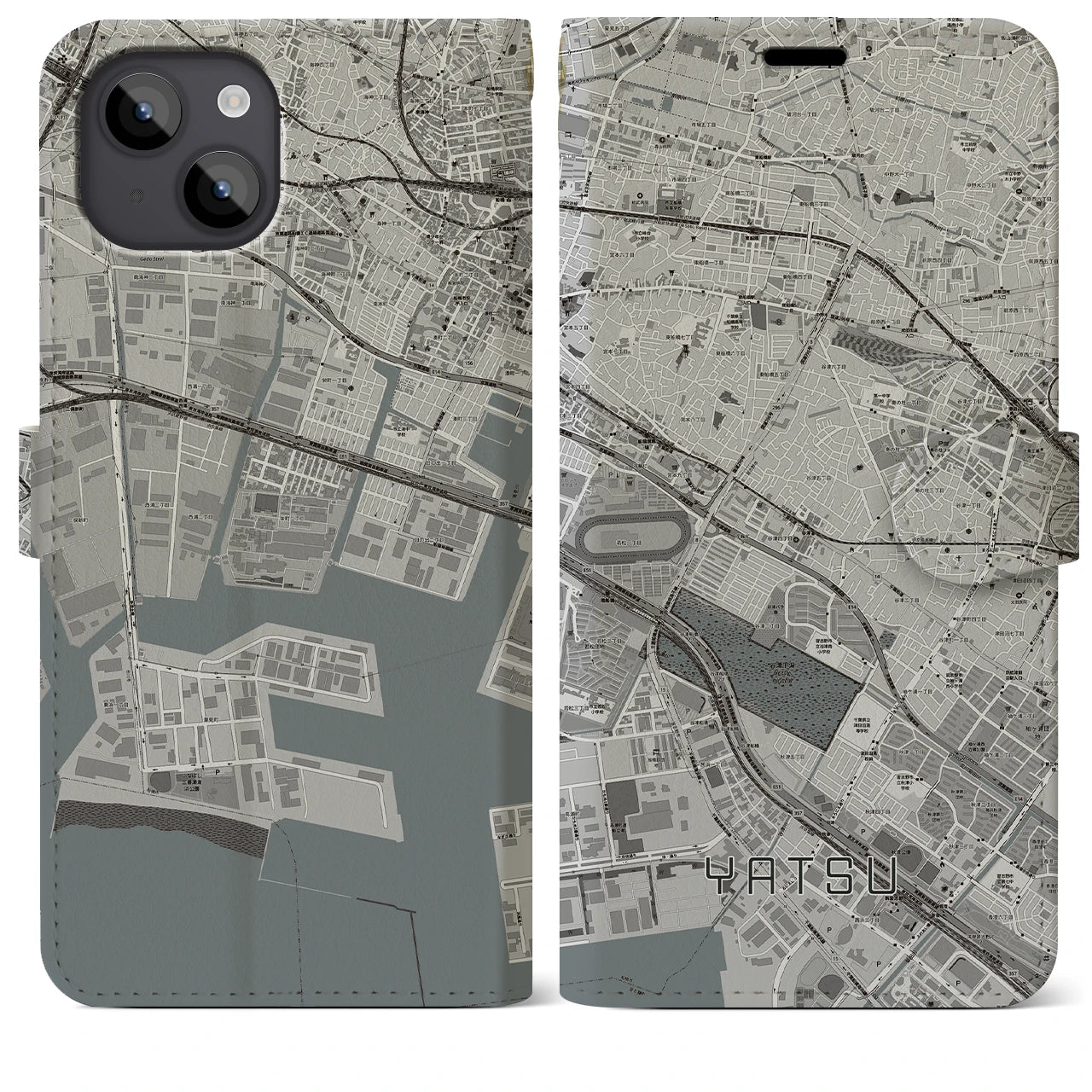 【谷津(千葉県)】地図柄iPhoneケース(手帳タイプ)モノトーン・iPhone 14 Plus 用