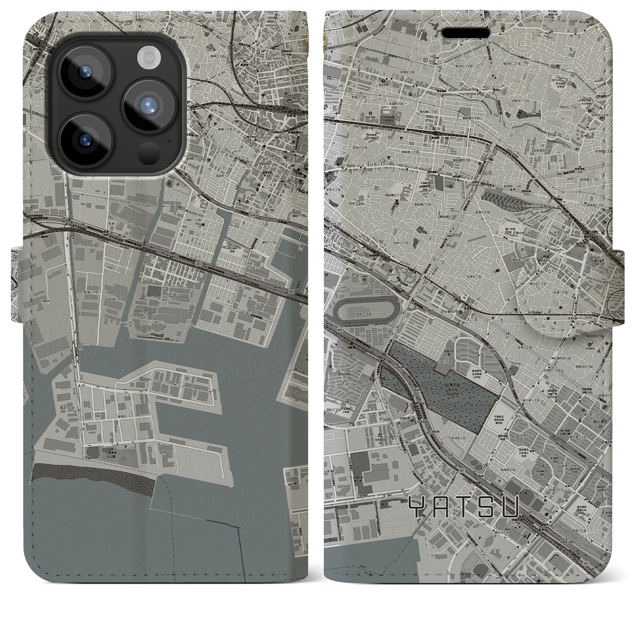 【谷津(千葉県)】地図柄iPhoneケース(手帳タイプ)モノトーン・iPhone 15 Pro Max 用