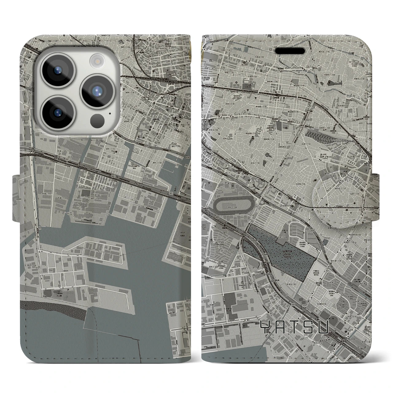 【谷津(千葉県)】地図柄iPhoneケース(手帳タイプ)モノトーン・iPhone 15 Pro 用