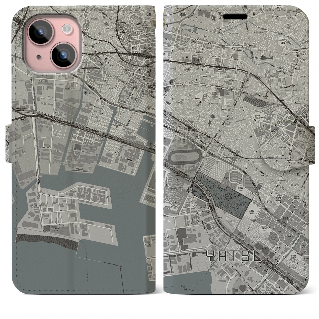 【谷津(千葉県)】地図柄iPhoneケース(手帳タイプ)モノトーン・iPhone 15 Plus 用
