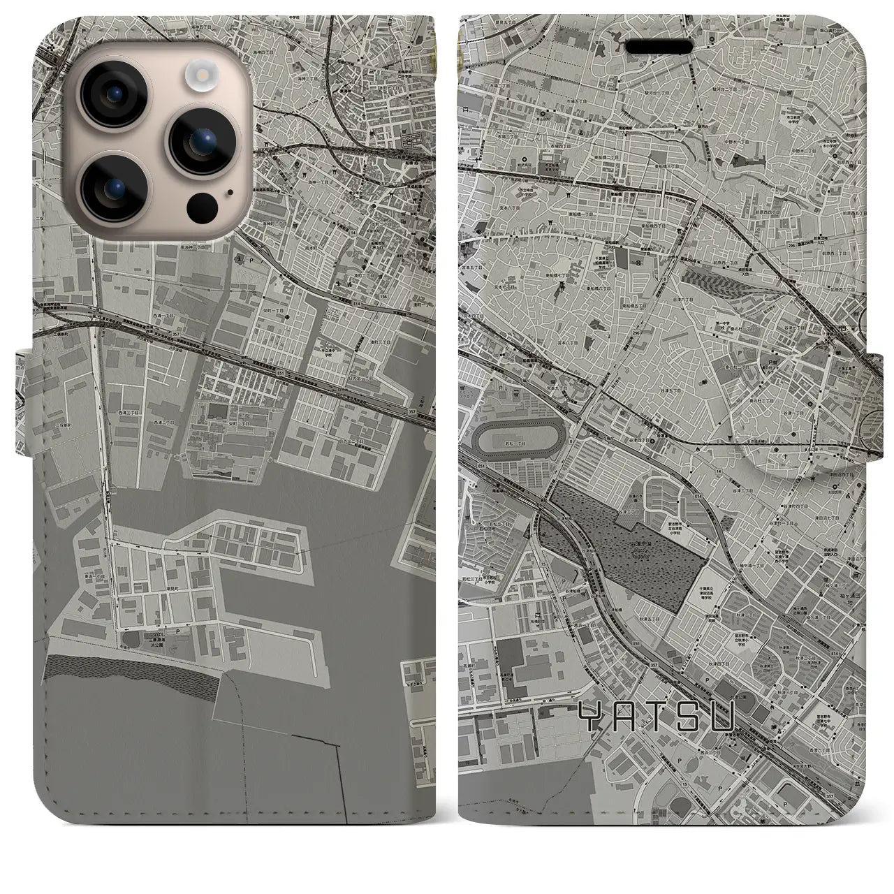 【谷津(千葉県)】地図柄iPhoneケース(手帳タイプ)モノトーン・iPhone 16 Plus 用