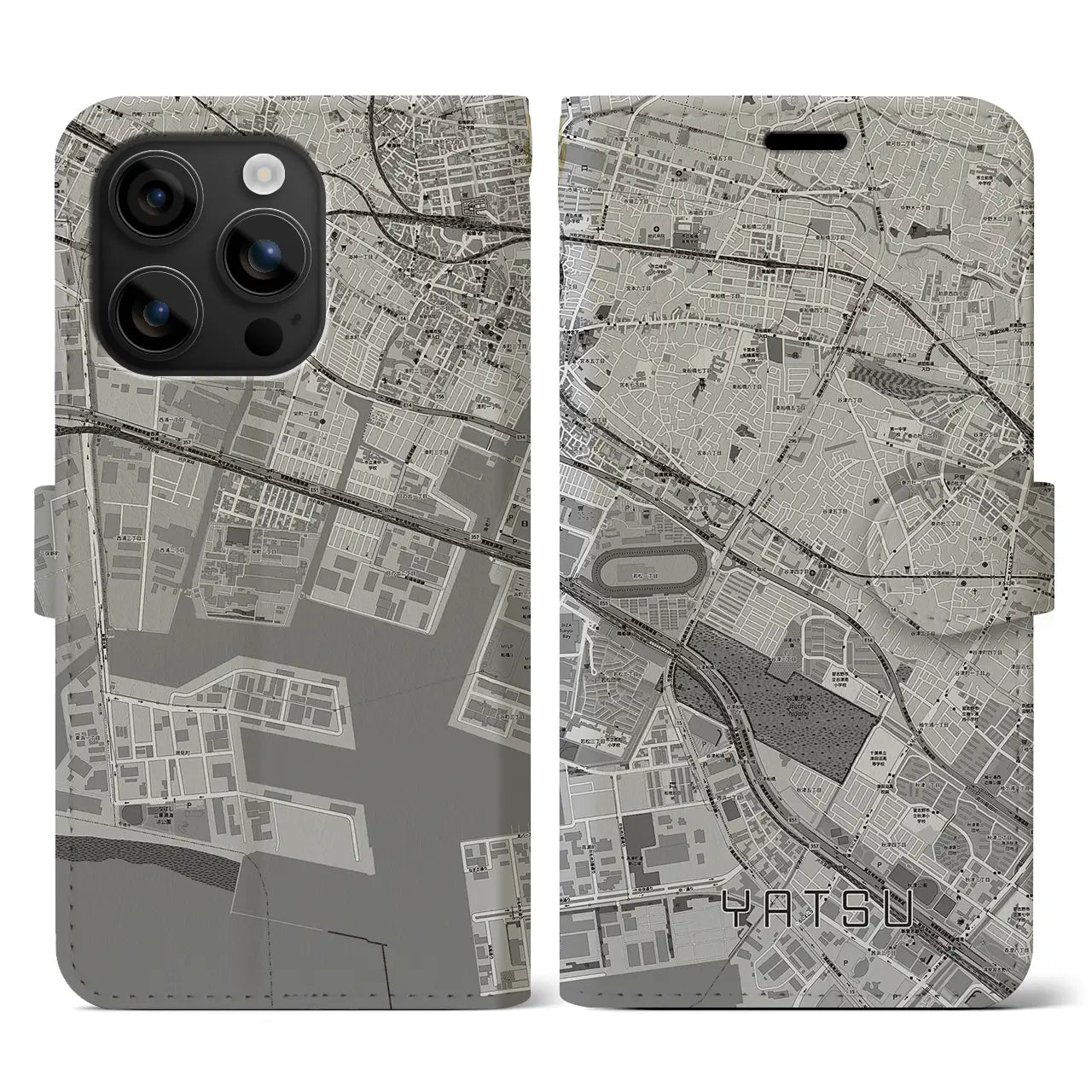 【谷津(千葉県)】地図柄iPhoneケース(手帳タイプ)モノトーン・iPhone 16 用