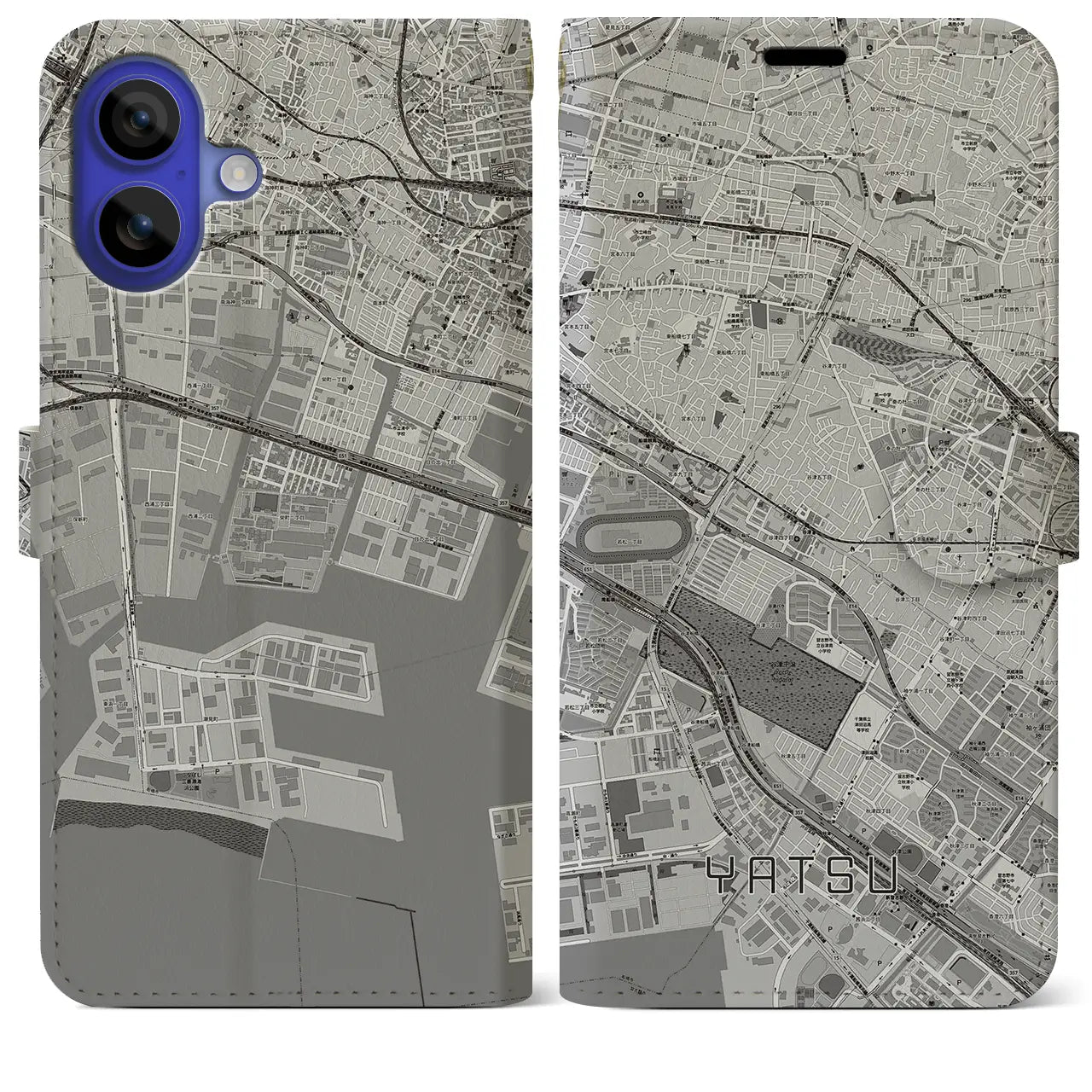 【谷津(千葉県)】地図柄iPhoneケース(手帳タイプ)モノトーン・iPhone 16 Pro Max 用