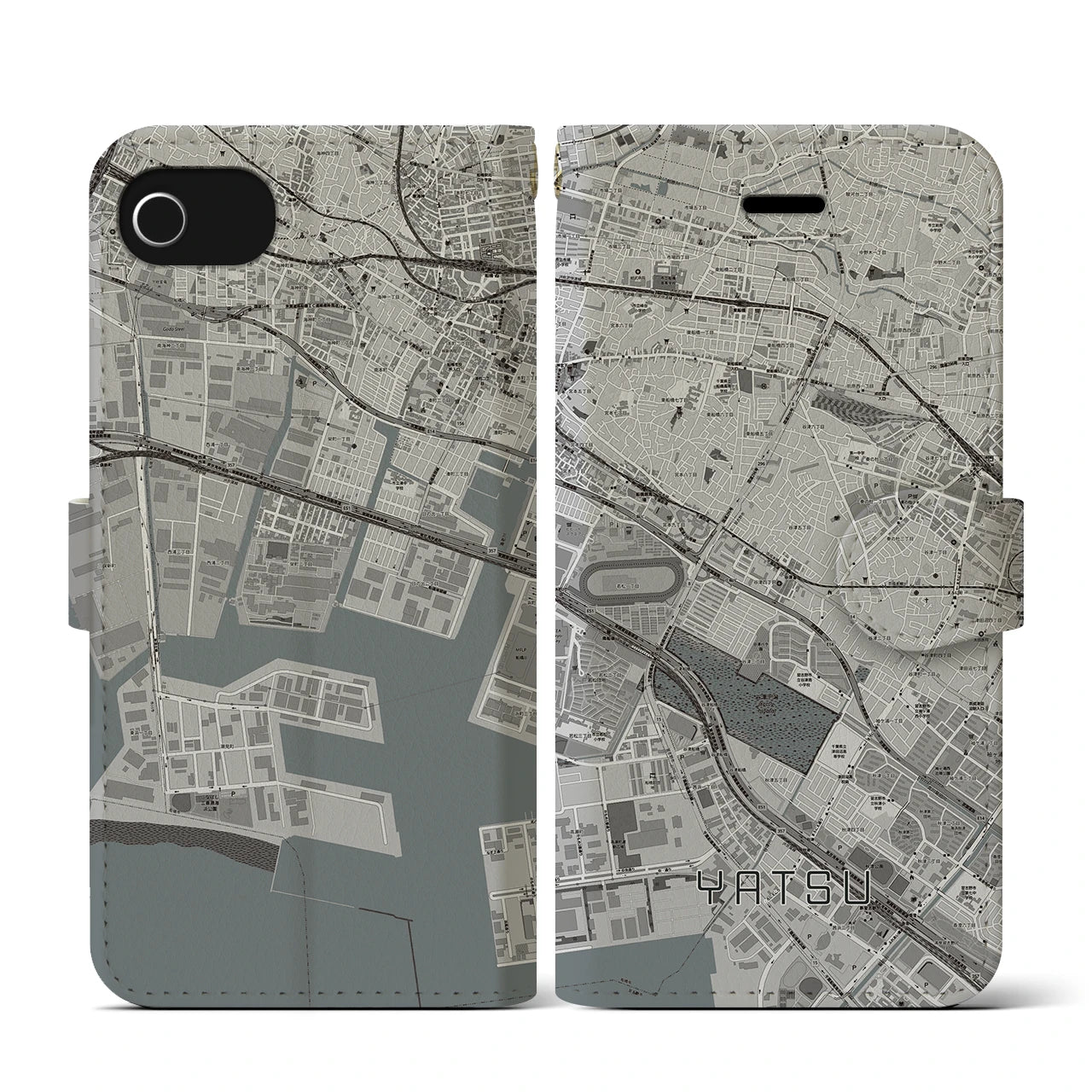 【谷津(千葉県)】地図柄iPhoneケース(手帳タイプ)モノトーン・iPhone SE(第3 / 第2世代) / 8 / 7 / 6s / 6 用