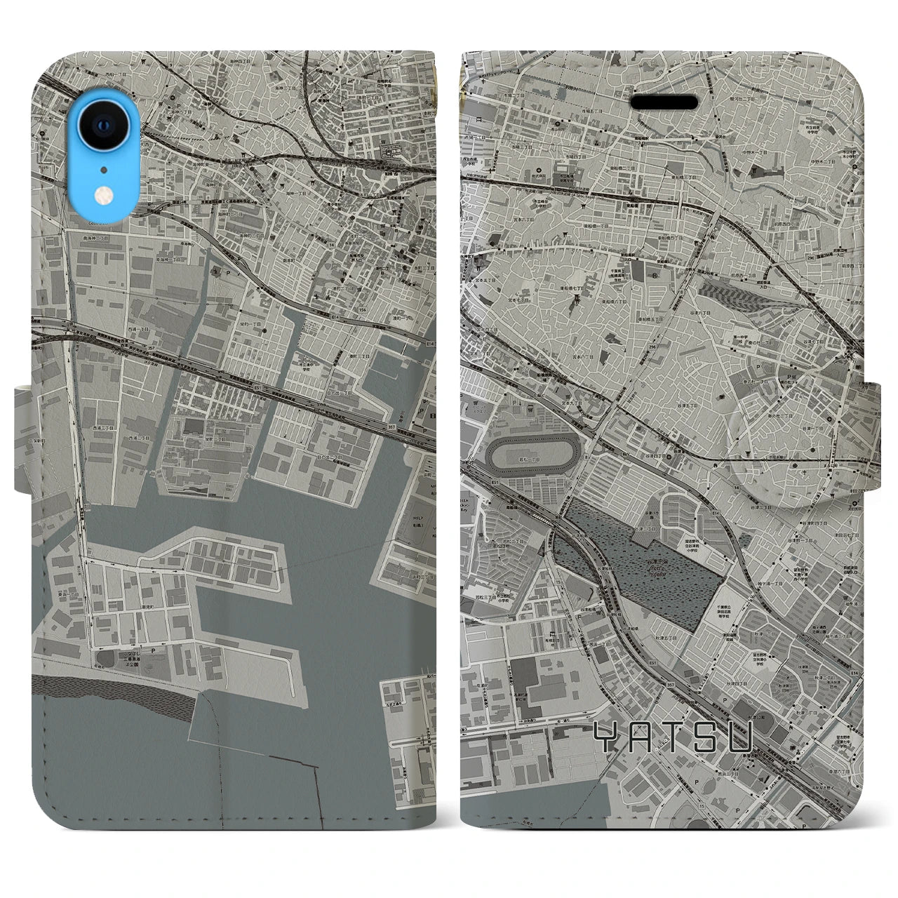 【谷津(千葉県)】地図柄iPhoneケース(手帳タイプ)モノトーン・iPhone XR 用