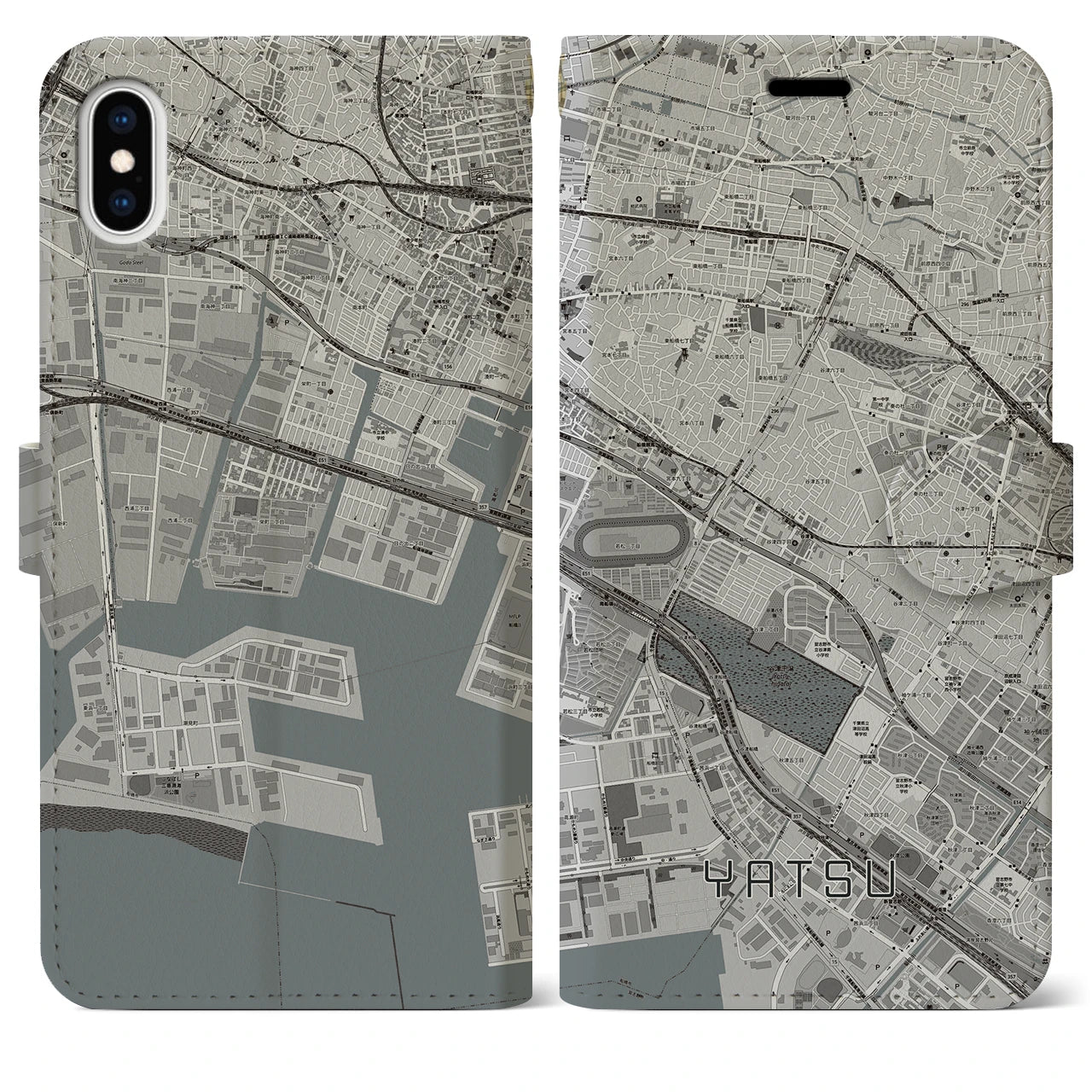 【谷津(千葉県)】地図柄iPhoneケース(手帳タイプ)モノトーン・iPhone XS Max 用