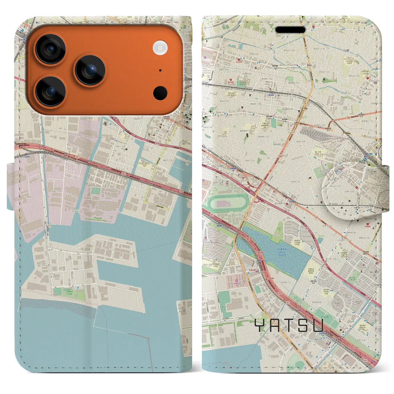 【谷津(千葉県)】地図柄iPhoneケース(手帳タイプ)ナチュラル・iPhone 17 Pro Max 用