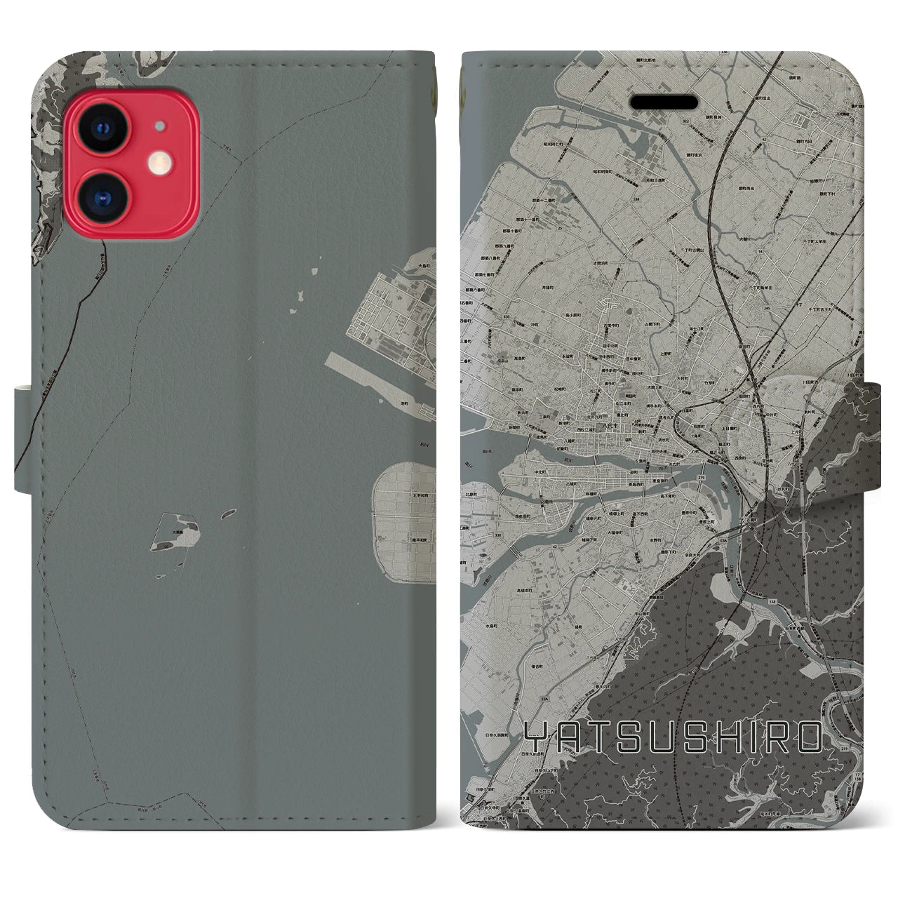 【八代(熊本県)】地図柄iPhoneケース(手帳タイプ)モノトーン・iPhone 11 用