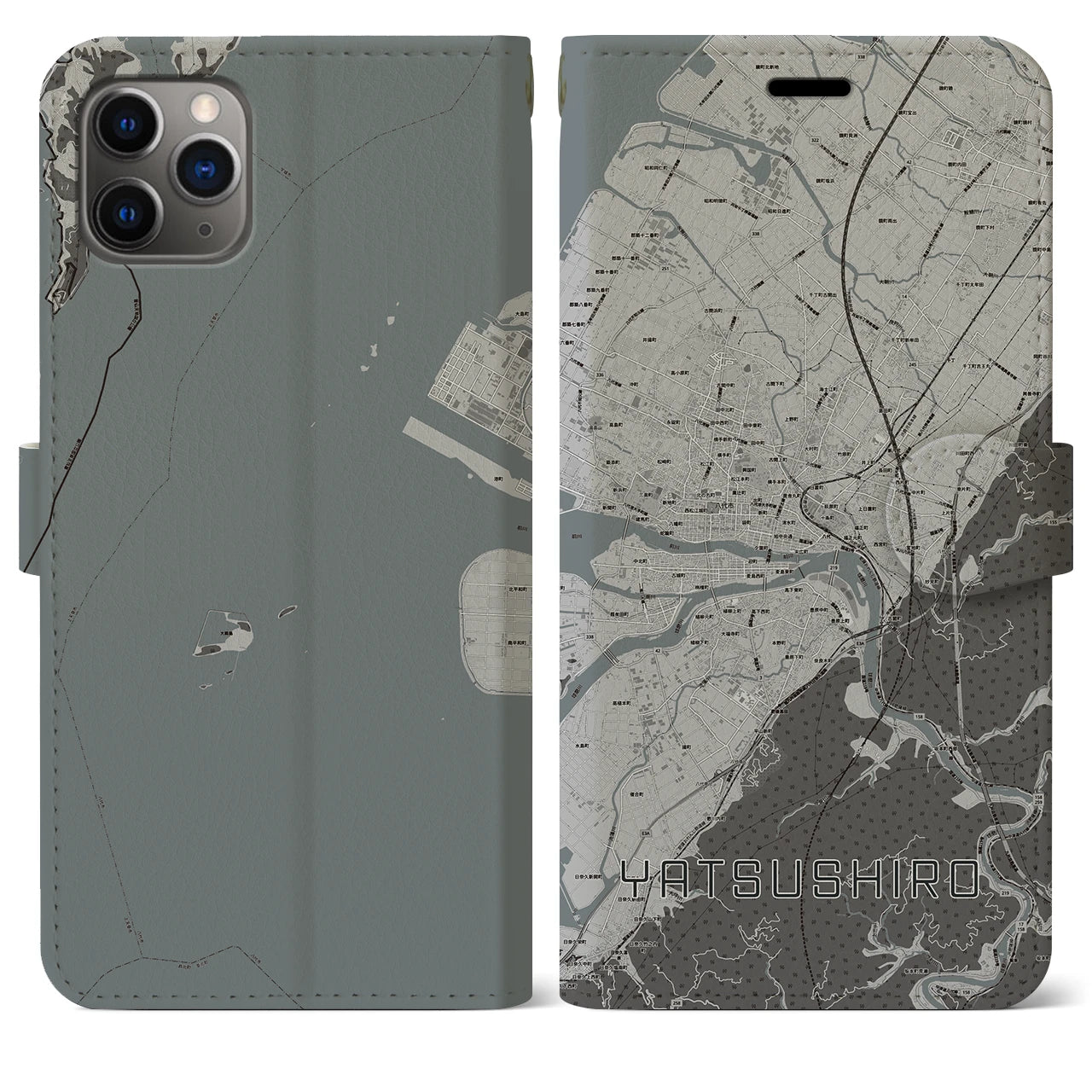【八代(熊本県)】地図柄iPhoneケース(手帳タイプ)モノトーン・iPhone 11 Pro Max 用