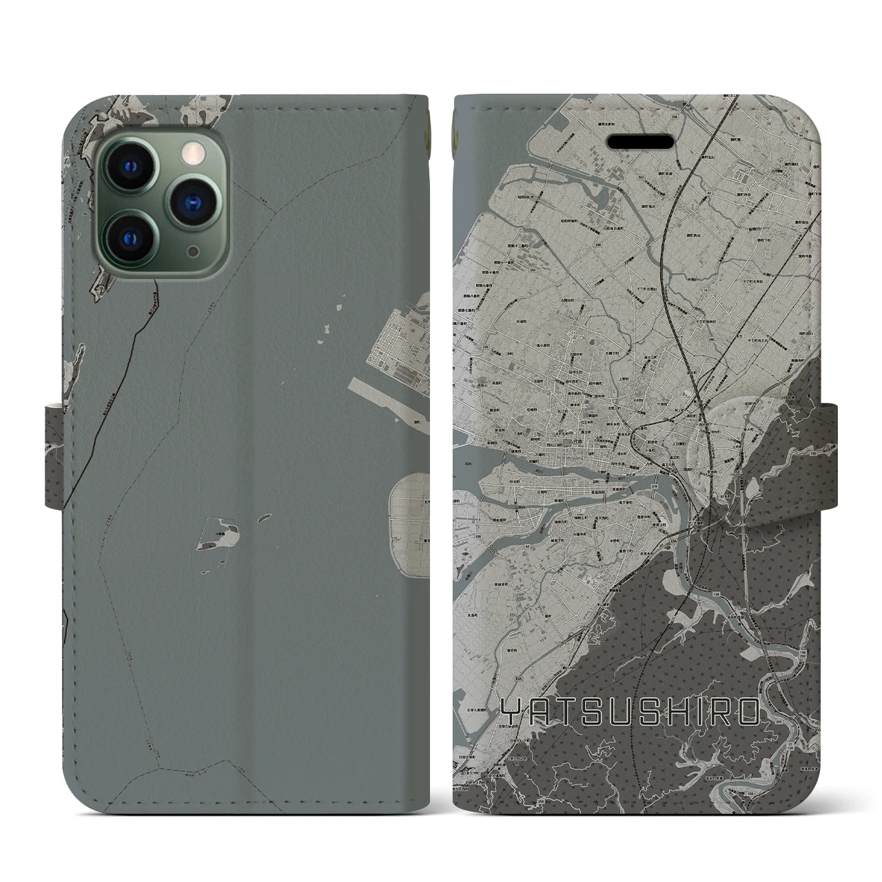 【八代(熊本県)】地図柄iPhoneケース(手帳タイプ)モノトーン・iPhone 11 Pro 用