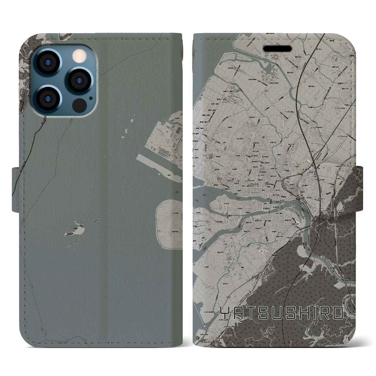 【八代(熊本県)】地図柄iPhoneケース(手帳タイプ)モノトーン・iPhone 12 / 12 Pro 用