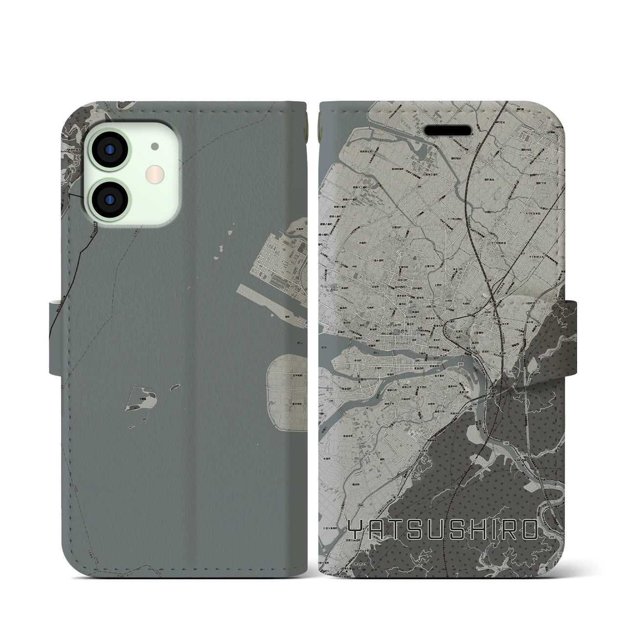 【八代(熊本県)】地図柄iPhoneケース(手帳タイプ)モノトーン・iPhone 12 mini 用
