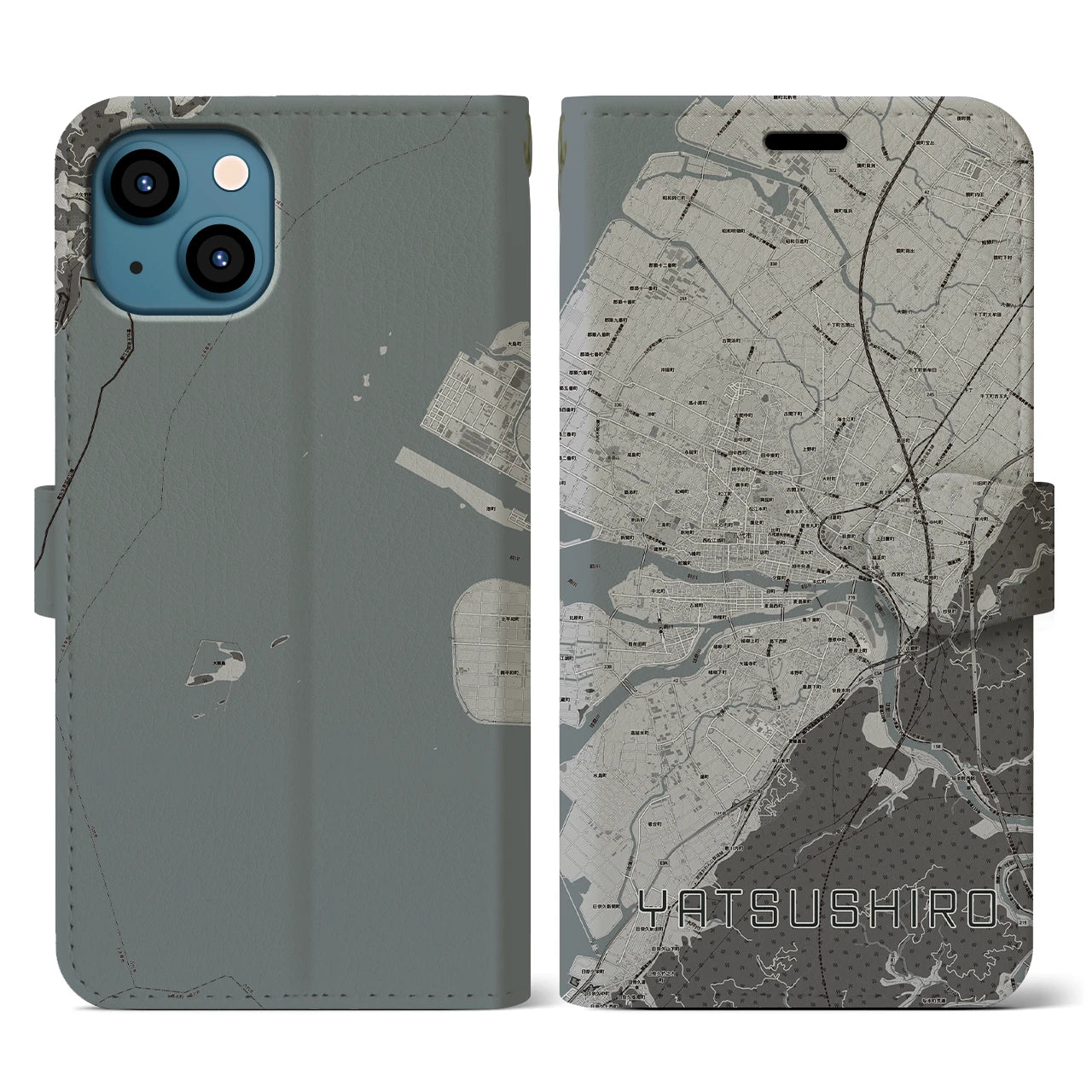 【八代(熊本県)】地図柄iPhoneケース(手帳タイプ)モノトーン・iPhone 13 用