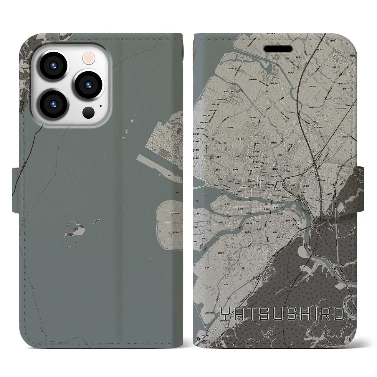 【八代(熊本県)】地図柄iPhoneケース(手帳タイプ)モノトーン・iPhone 13 Pro 用