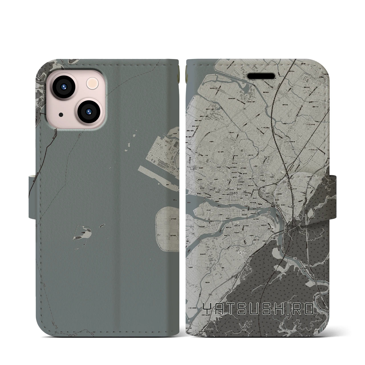 【八代(熊本県)】地図柄iPhoneケース(手帳タイプ)モノトーン・iPhone 13 mini 用