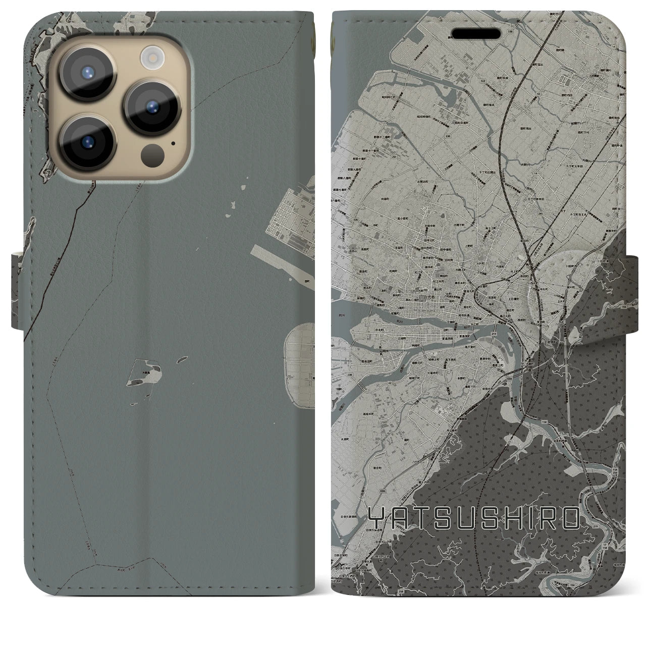 【八代(熊本県)】地図柄iPhoneケース(手帳タイプ)モノトーン・iPhone 14 Pro Max 用