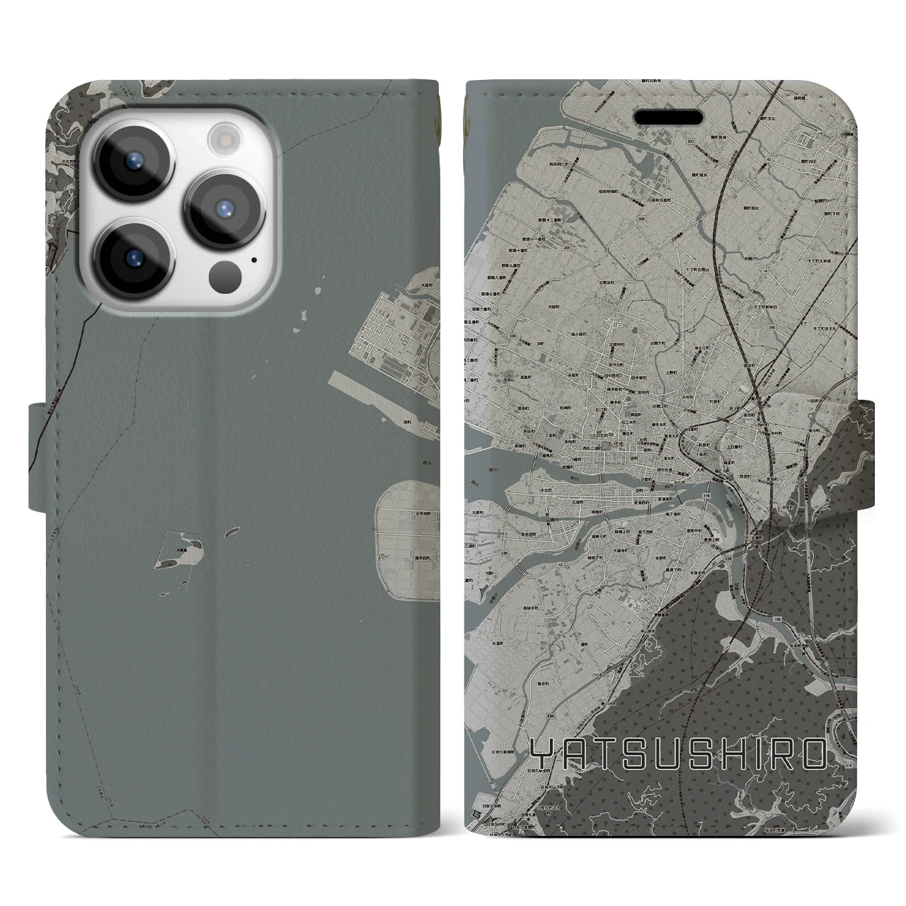 【八代(熊本県)】地図柄iPhoneケース(手帳タイプ)モノトーン・iPhone 14 Pro 用