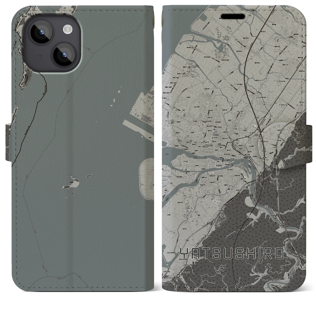 【八代(熊本県)】地図柄iPhoneケース(手帳タイプ)モノトーン・iPhone 14 Plus 用