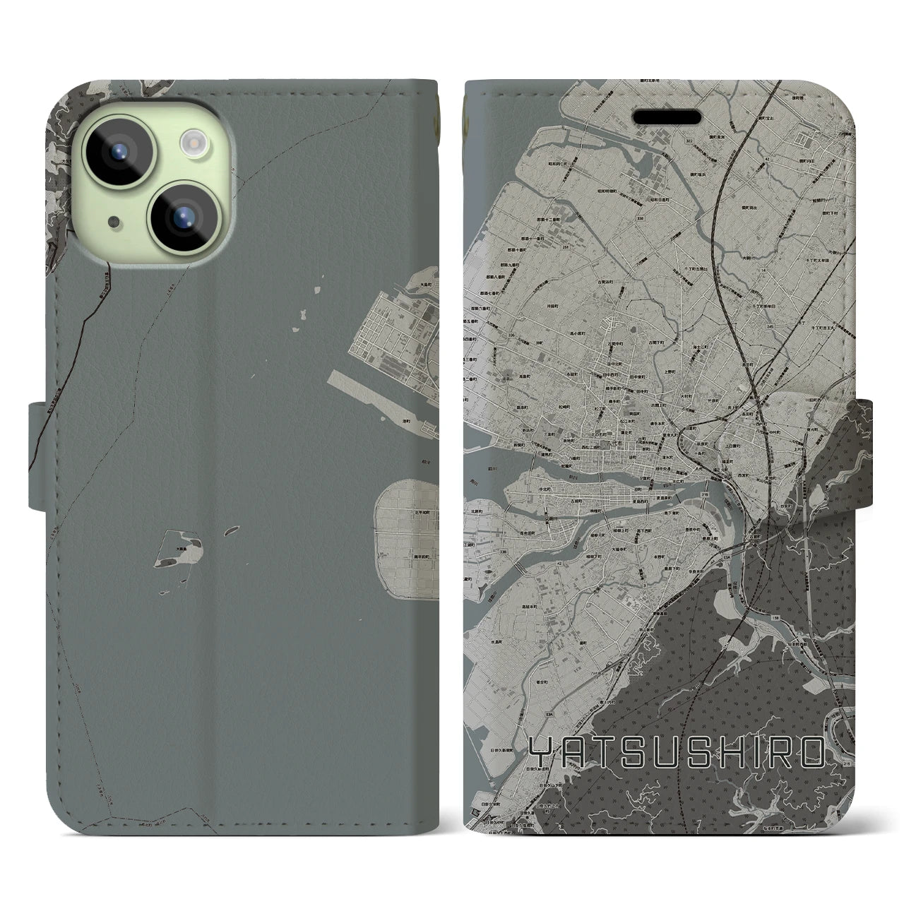 【八代(熊本県)】地図柄iPhoneケース(手帳タイプ)モノトーン・iPhone 15 用