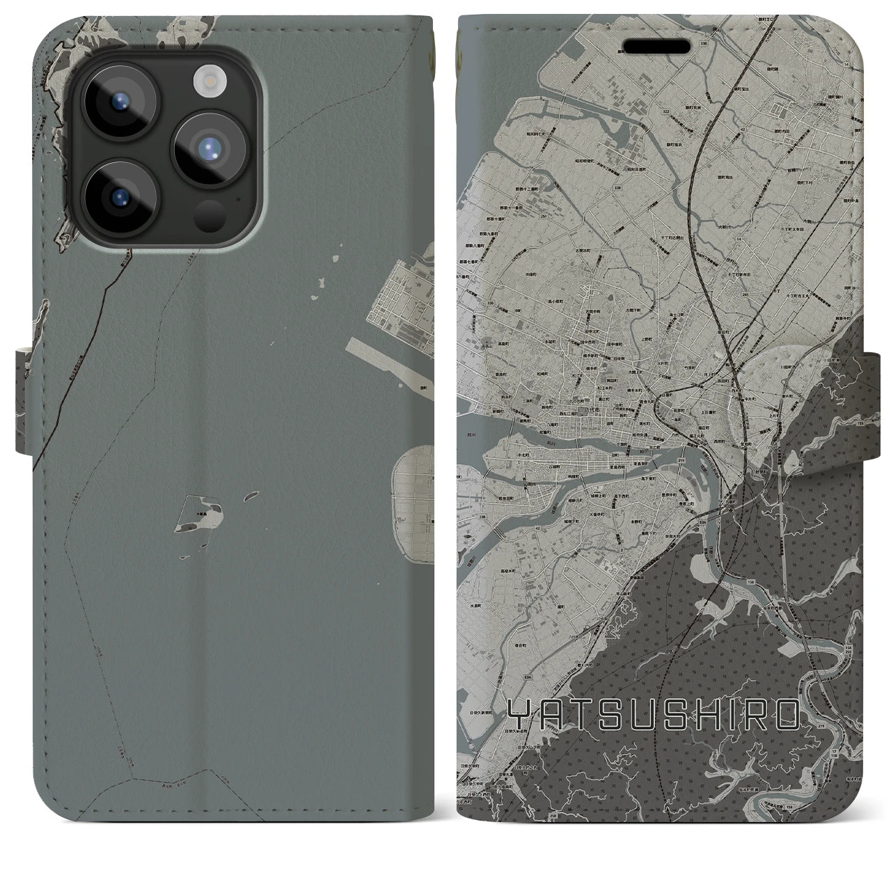 【八代(熊本県)】地図柄iPhoneケース(手帳タイプ)モノトーン・iPhone 15 Pro Max 用