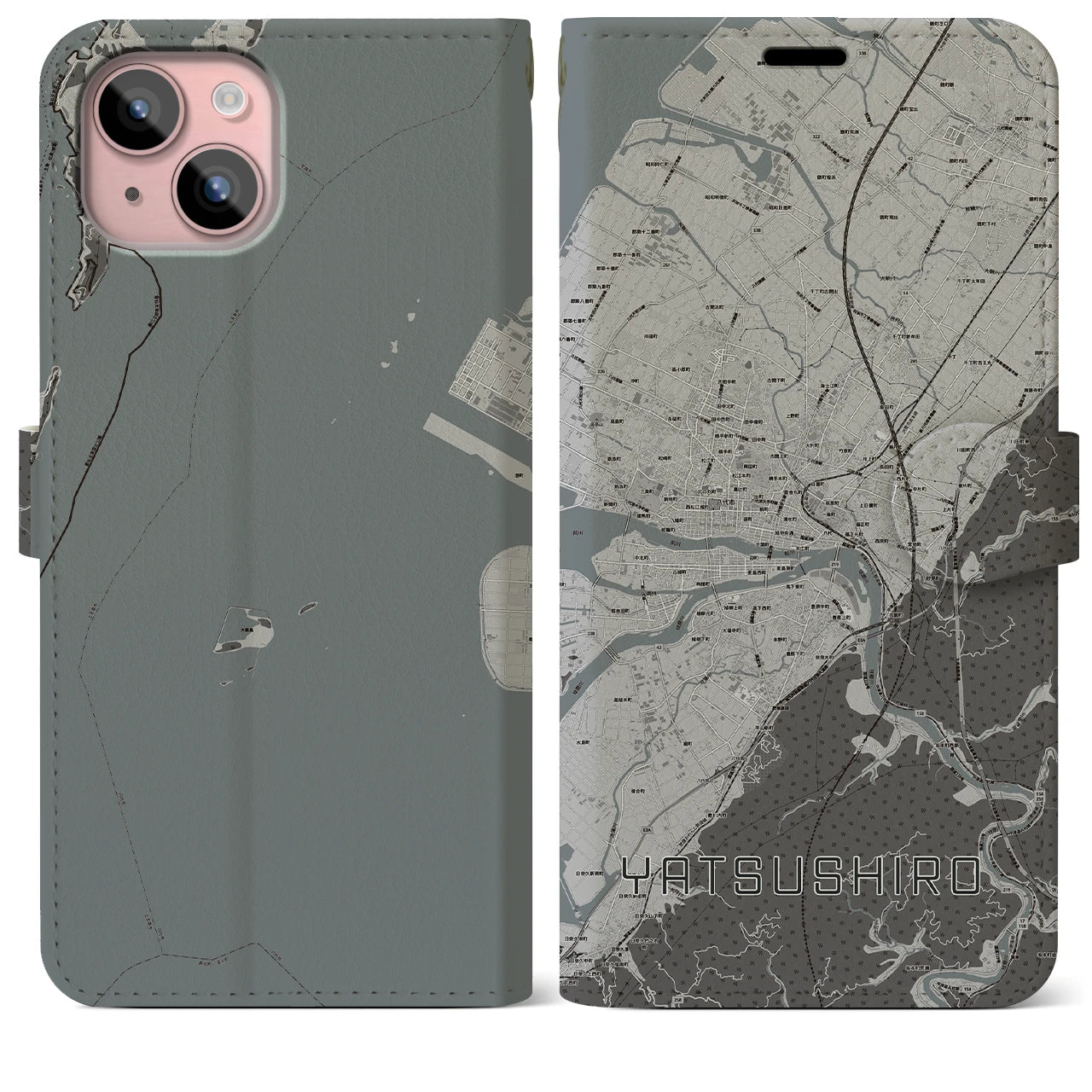 【八代(熊本県)】地図柄iPhoneケース(手帳タイプ)モノトーン・iPhone 15 Plus 用