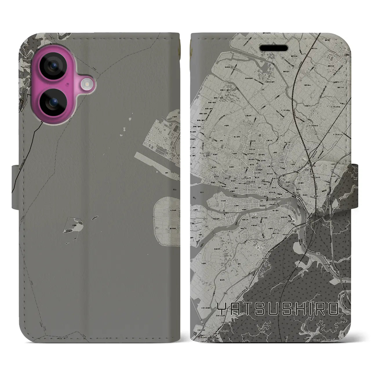 【八代(熊本県)】地図柄iPhoneケース(手帳タイプ)モノトーン・iPhone 16 Pro 用