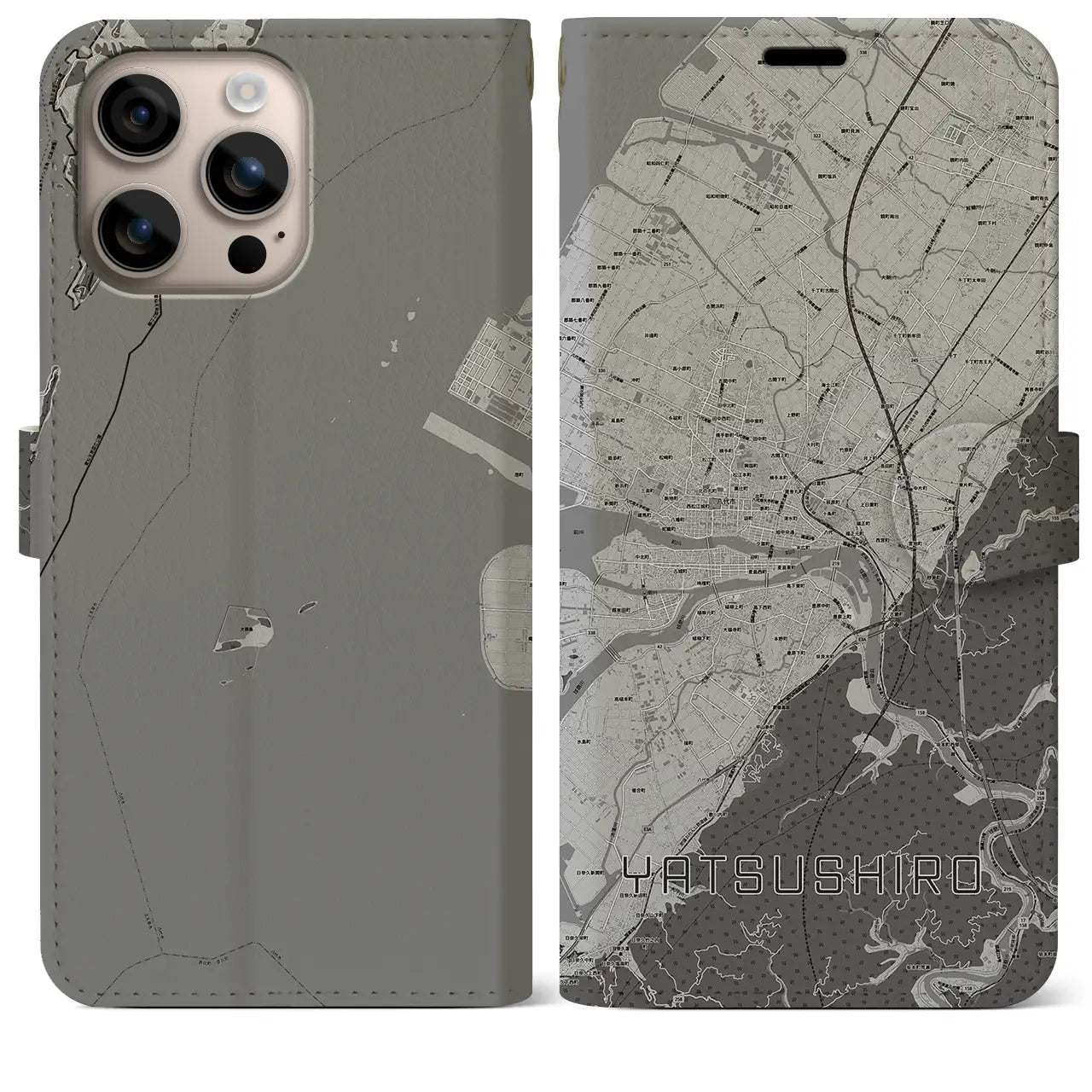 【八代(熊本県)】地図柄iPhoneケース(手帳タイプ)モノトーン・iPhone 16 Plus 用