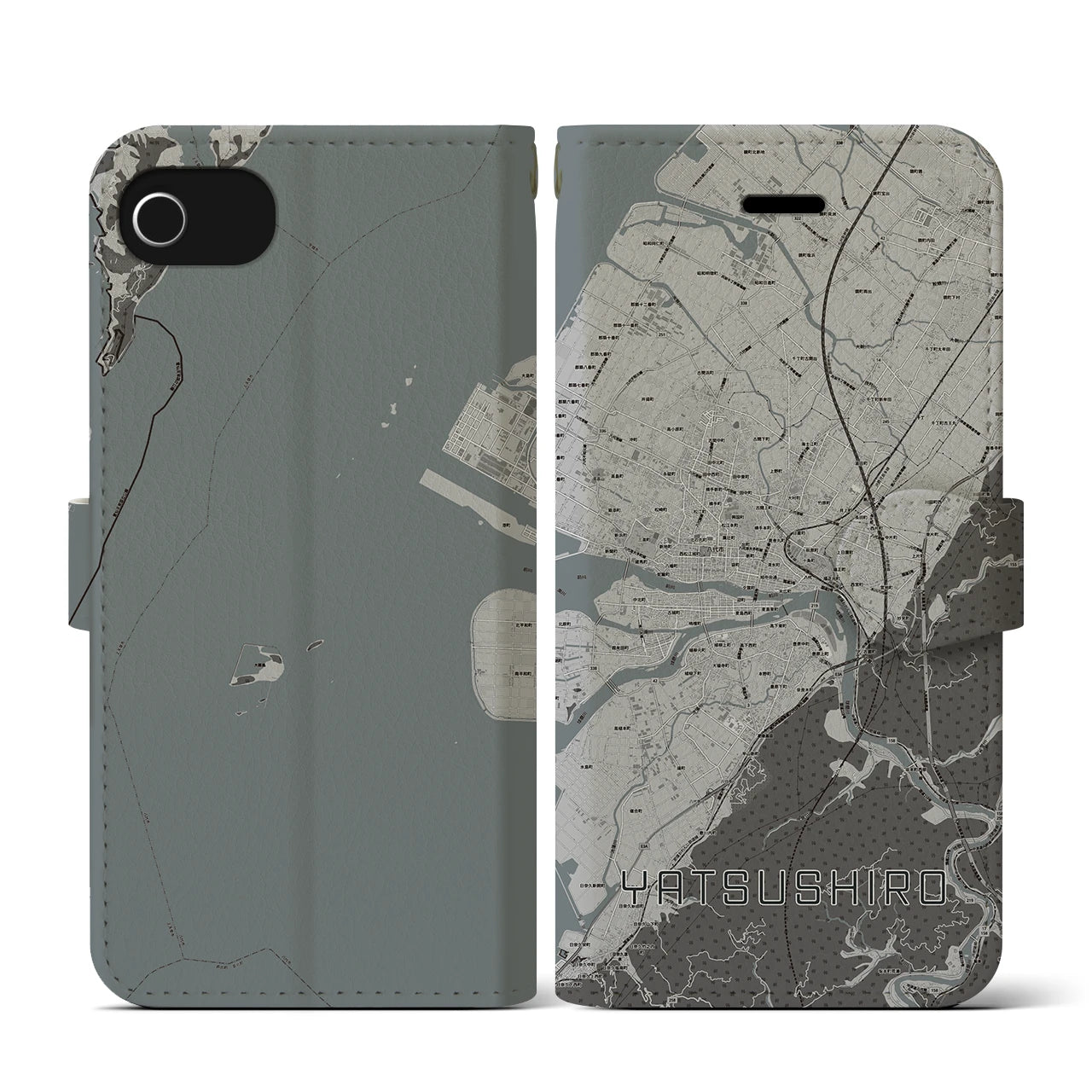 【八代(熊本県)】地図柄iPhoneケース(手帳タイプ)モノトーン・iPhone SE(第3 / 第2世代) / 8 / 7 / 6s / 6 用