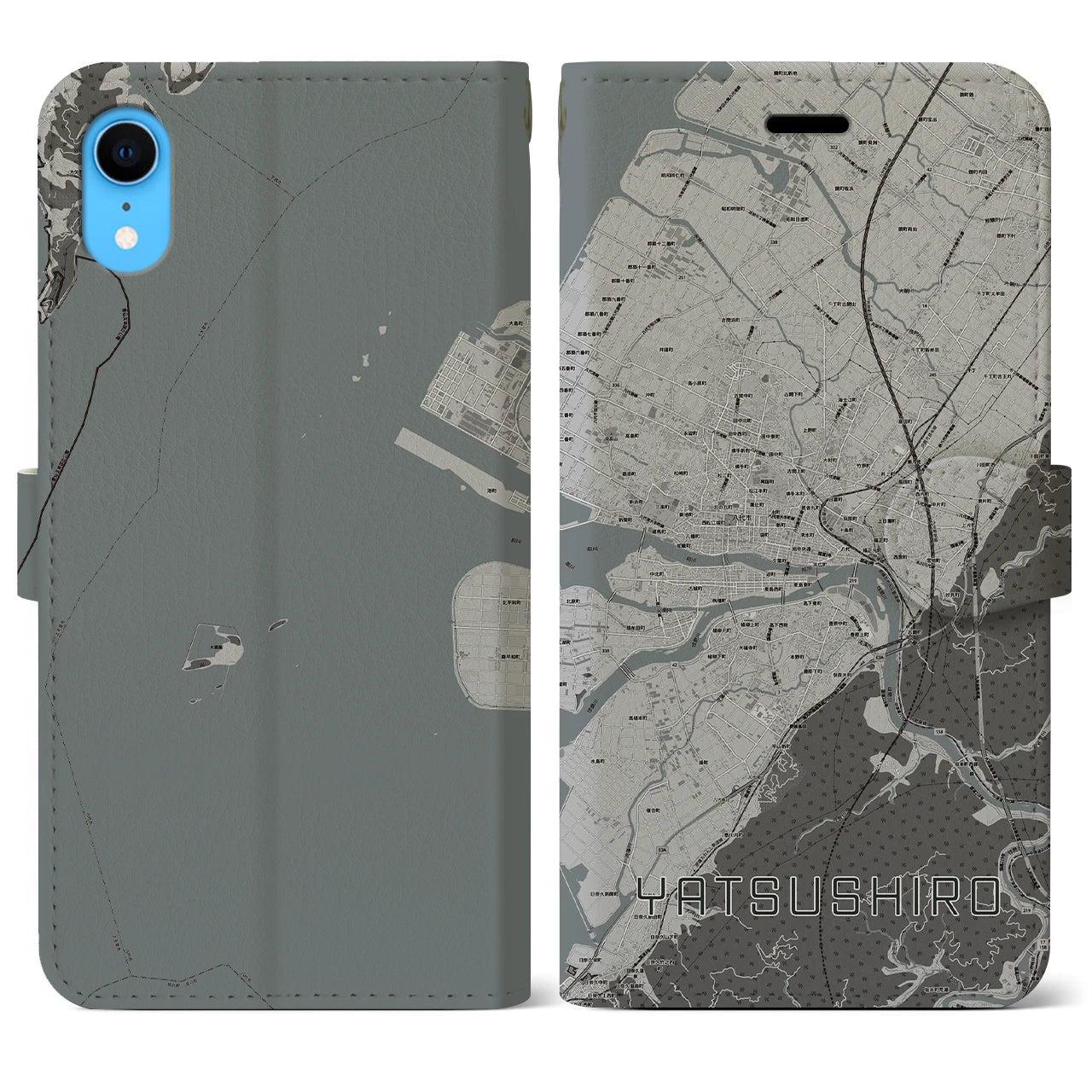 【八代(熊本県)】地図柄iPhoneケース(手帳タイプ)モノトーン・iPhone XR 用