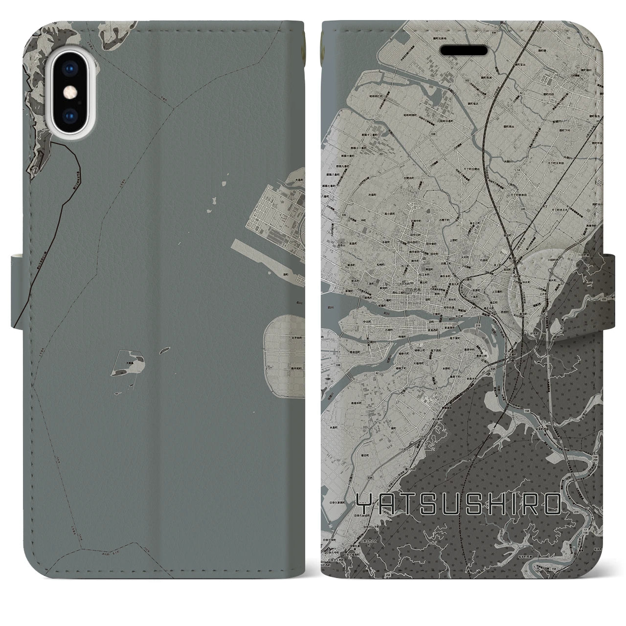 【八代(熊本県)】地図柄iPhoneケース(手帳タイプ)モノトーン・iPhone XS Max 用