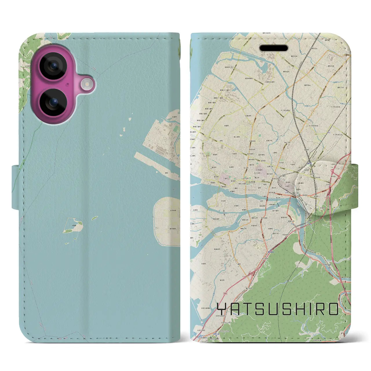 【八代(熊本県)】地図柄iPhoneケース(手帳タイプ)ナチュラル・iPhone 16 Pro 用