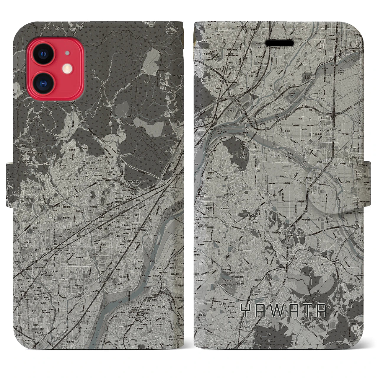 【八幡(京都府)】地図柄iPhoneケース(手帳タイプ)モノトーン・iPhone 11 用