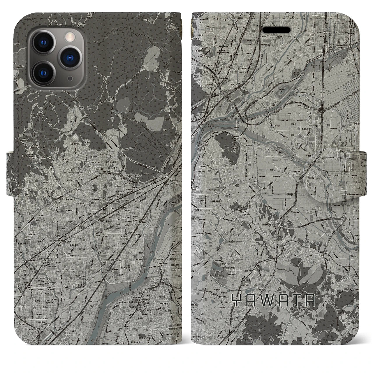 【八幡(京都府)】地図柄iPhoneケース(手帳タイプ)モノトーン・iPhone 11 Pro Max 用
