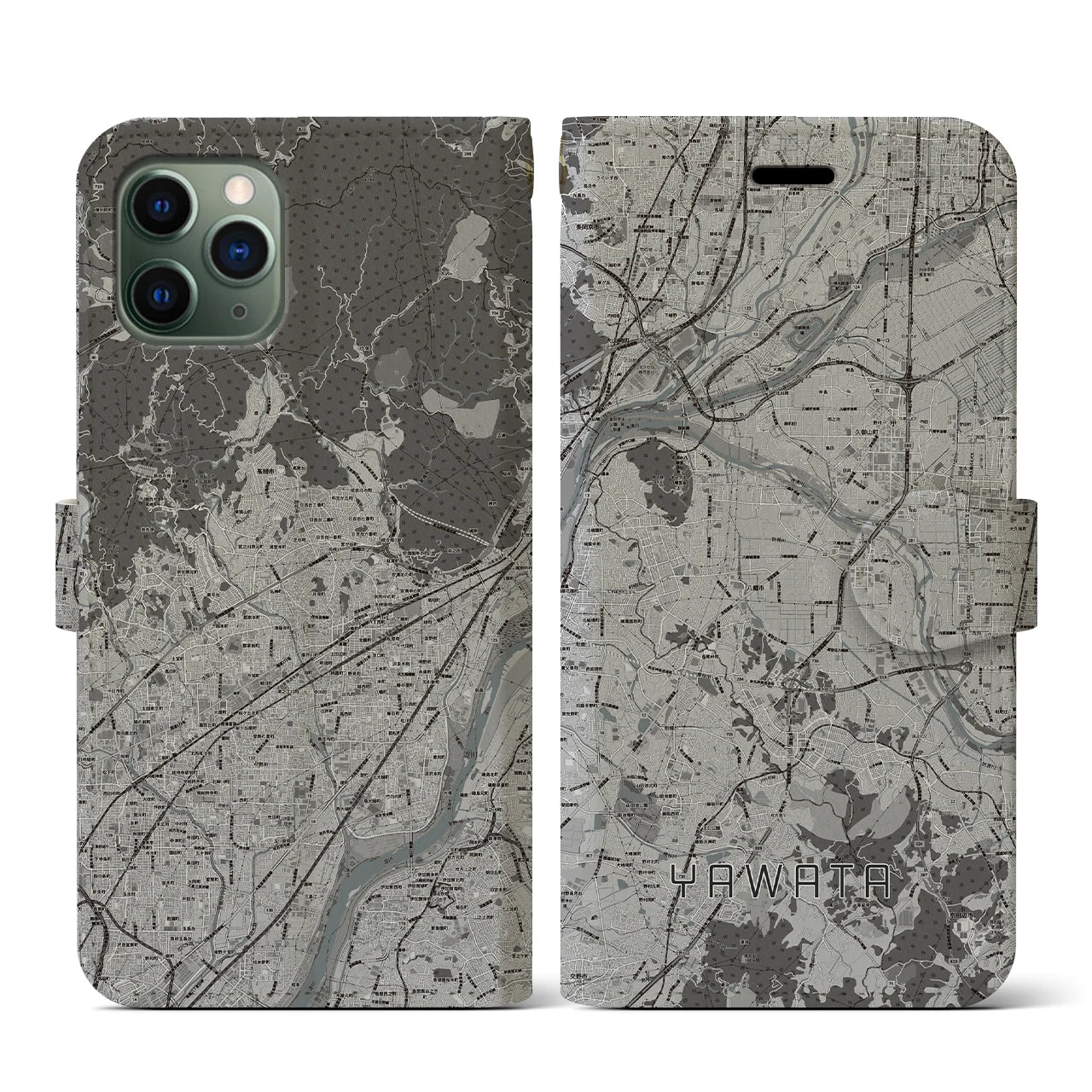 【八幡(京都府)】地図柄iPhoneケース(手帳タイプ)モノトーン・iPhone 11 Pro 用
