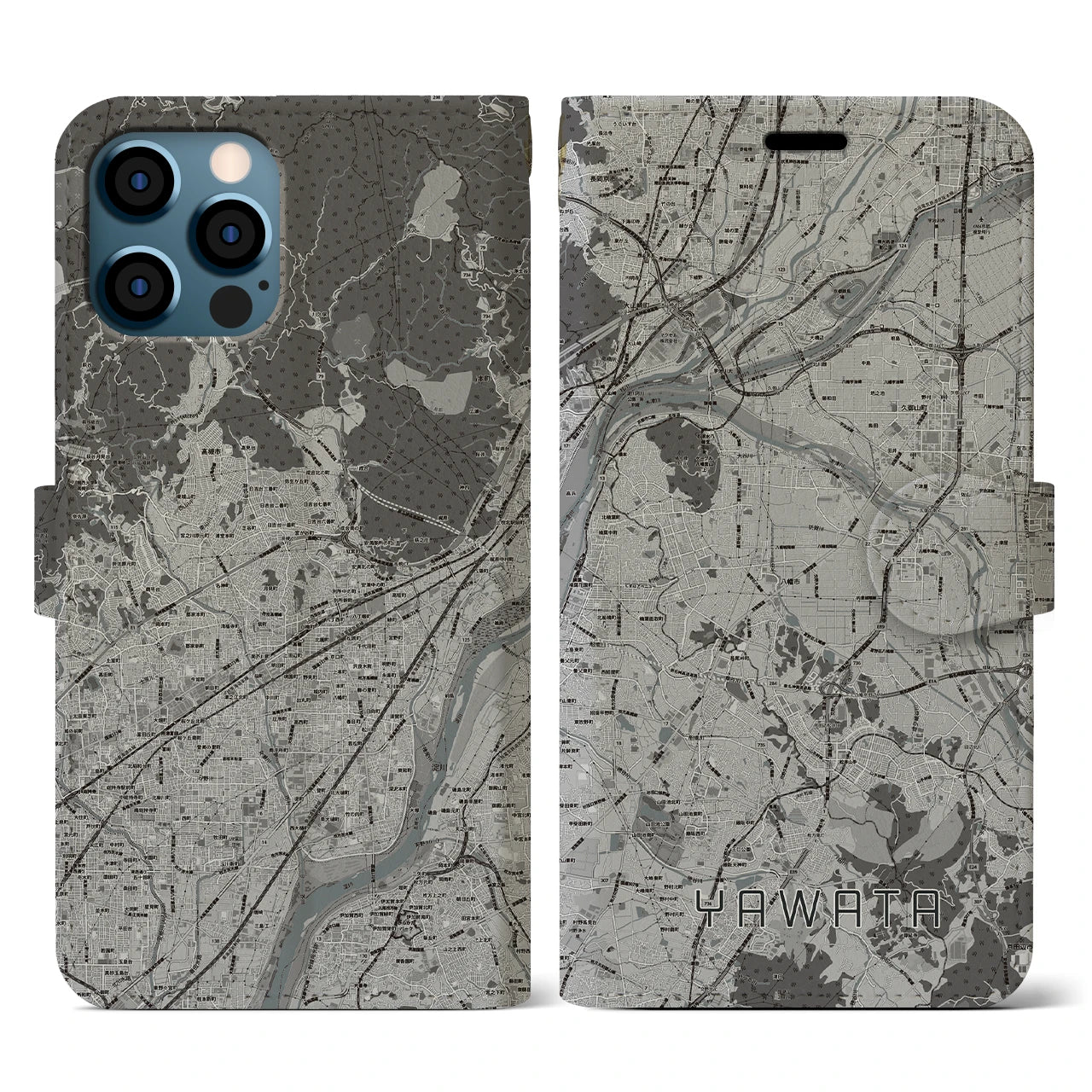 【八幡(京都府)】地図柄iPhoneケース(手帳タイプ)モノトーン・iPhone 12 / 12 Pro 用