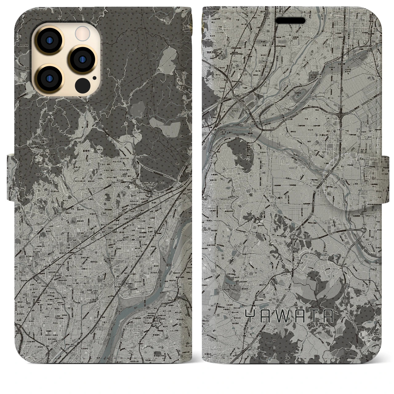 【八幡(京都府)】地図柄iPhoneケース(手帳タイプ)モノトーン・iPhone 12 Pro Max 用