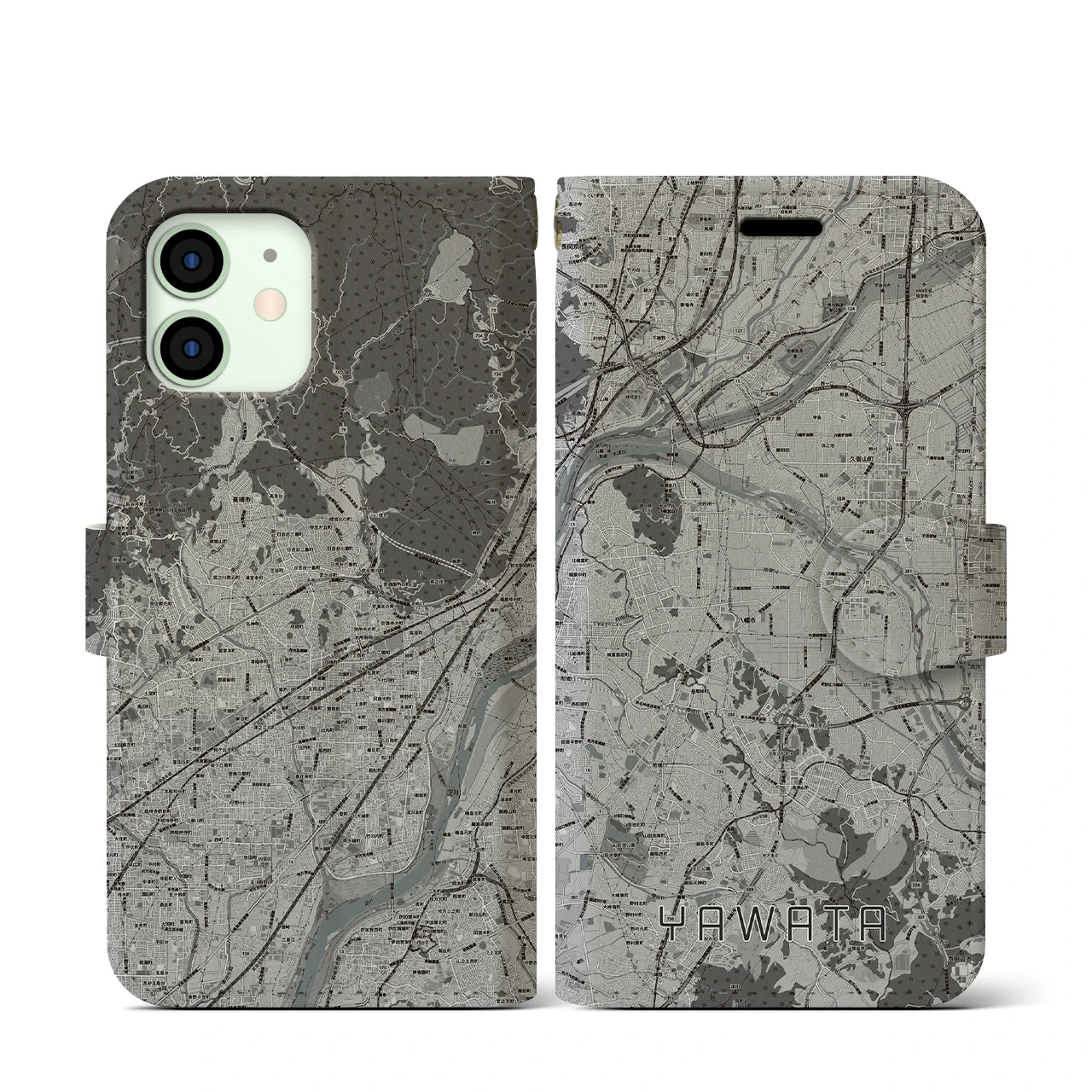 【八幡(京都府)】地図柄iPhoneケース(手帳タイプ)モノトーン・iPhone 12 mini 用